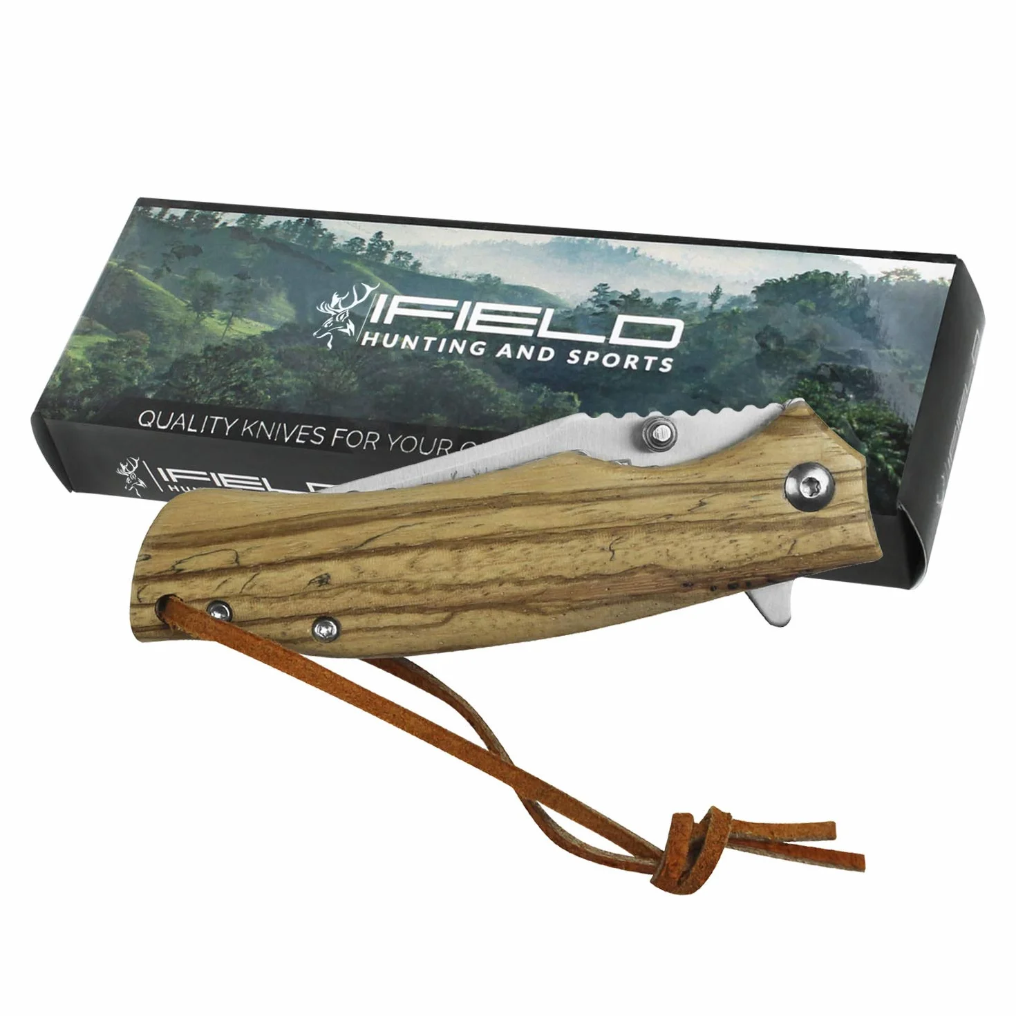 iFIELD EL29040 Coltello da caccia pieghevole Bushcraft Sopravvivenza Escursionismo Campeggio, lama in acciaio inox con manico in legno Zebra, Made in Albacete (Spagna)