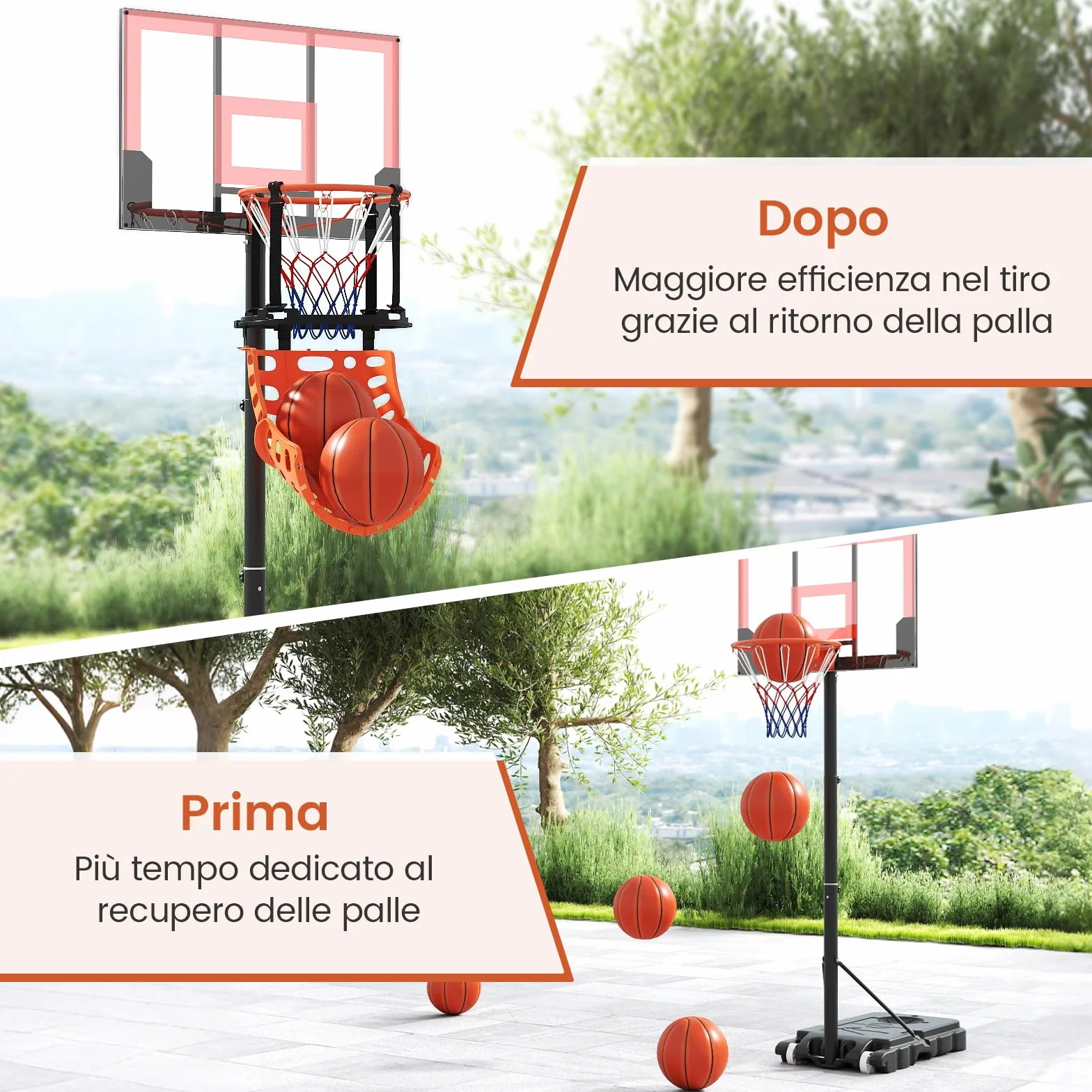 COSTWAY Sistema di Ritorno Palla Basket Rotante 360° 4 Ganci Smontabili Allenamento Tiro