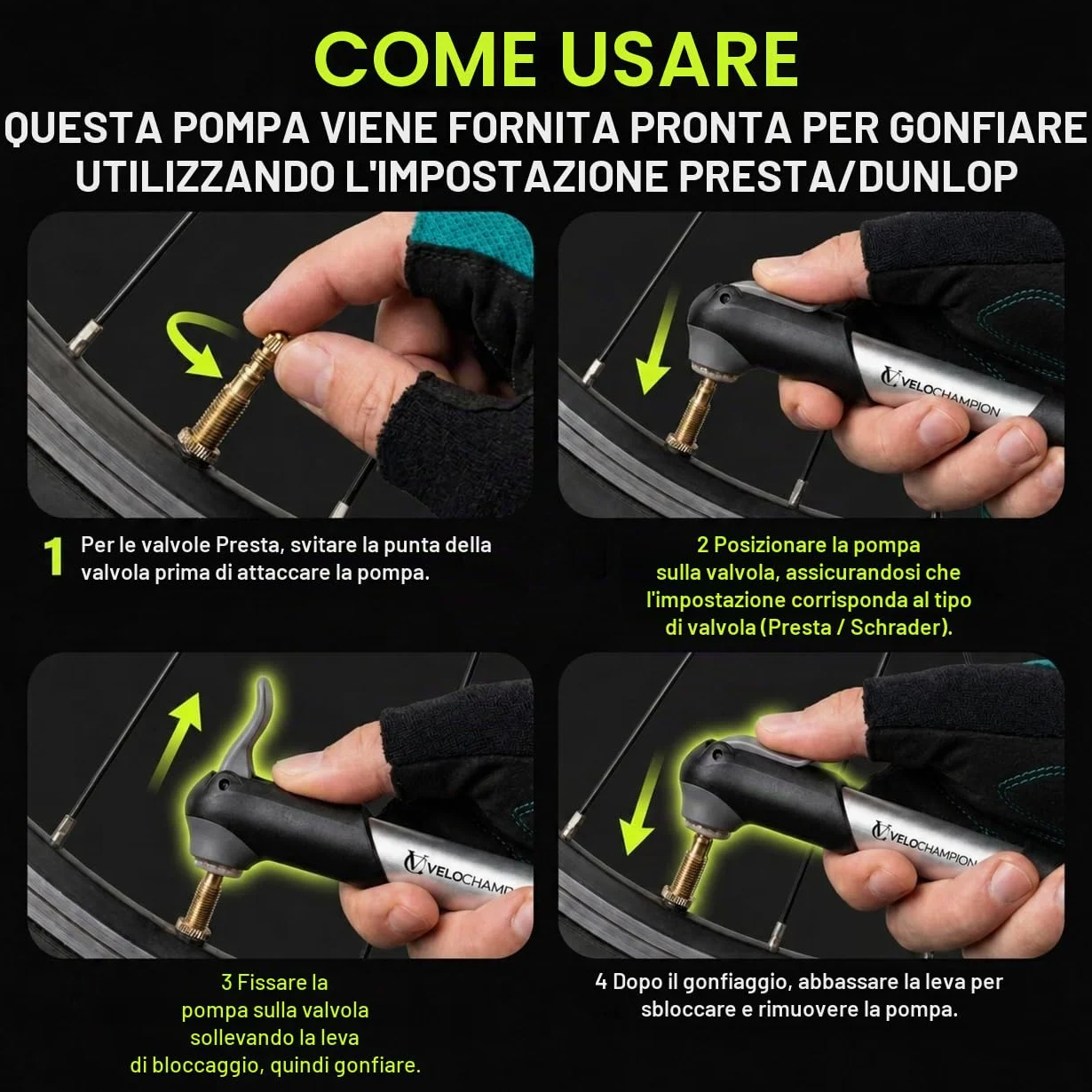 VeloChampion Mini pompa da bicicletta portatile per valvole Presta Schrader Dunlop MTB strada BMX