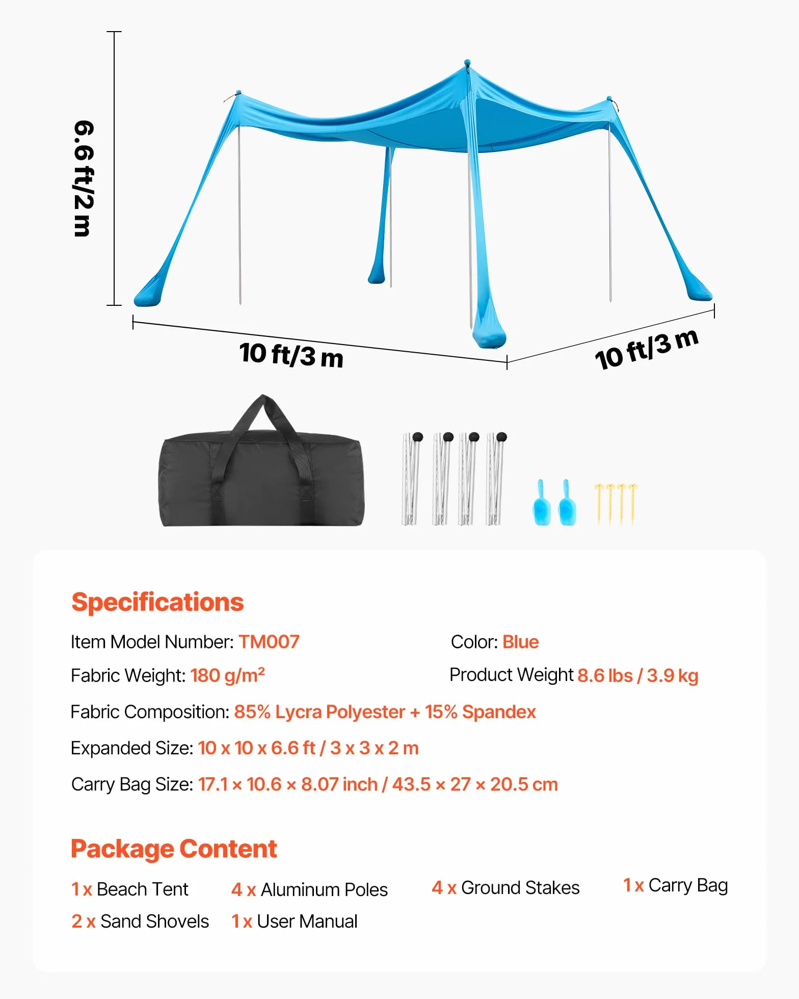 VEVOR Tenda Parasole Portatile da Spiaggia per Esterno Protezione Solare UPF 50+ 3 x 3 x 2 m, Parasole da Spiaggia con Pali di Supporto Ancoraggio Tenda Portatile per Campeggio Viaggio Pesca, Blu