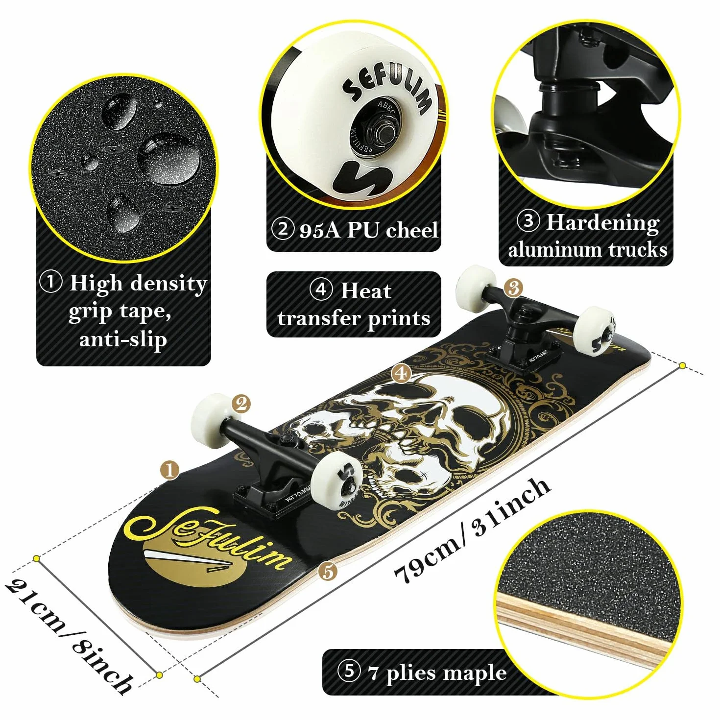 31 x 8 Pollice Completo Skateboard 7 Strati Acero Canadese Doppio Kick Deck Concavo Cruiser Trick Skateboard per Ragazzi Ragazze Adolescenti Adulti Principiante