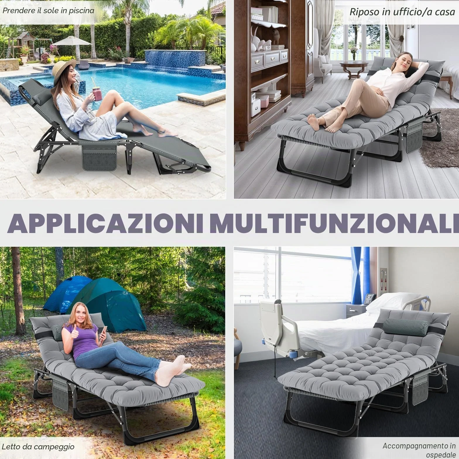 MOPHOTO Lettino prendisole pieghevole per giardino con materasso, schienale e gambe regolabili, portatile, per interni ed esterni, sedia a sdraio pieghevole per abbronzatura al sole, perfetta per