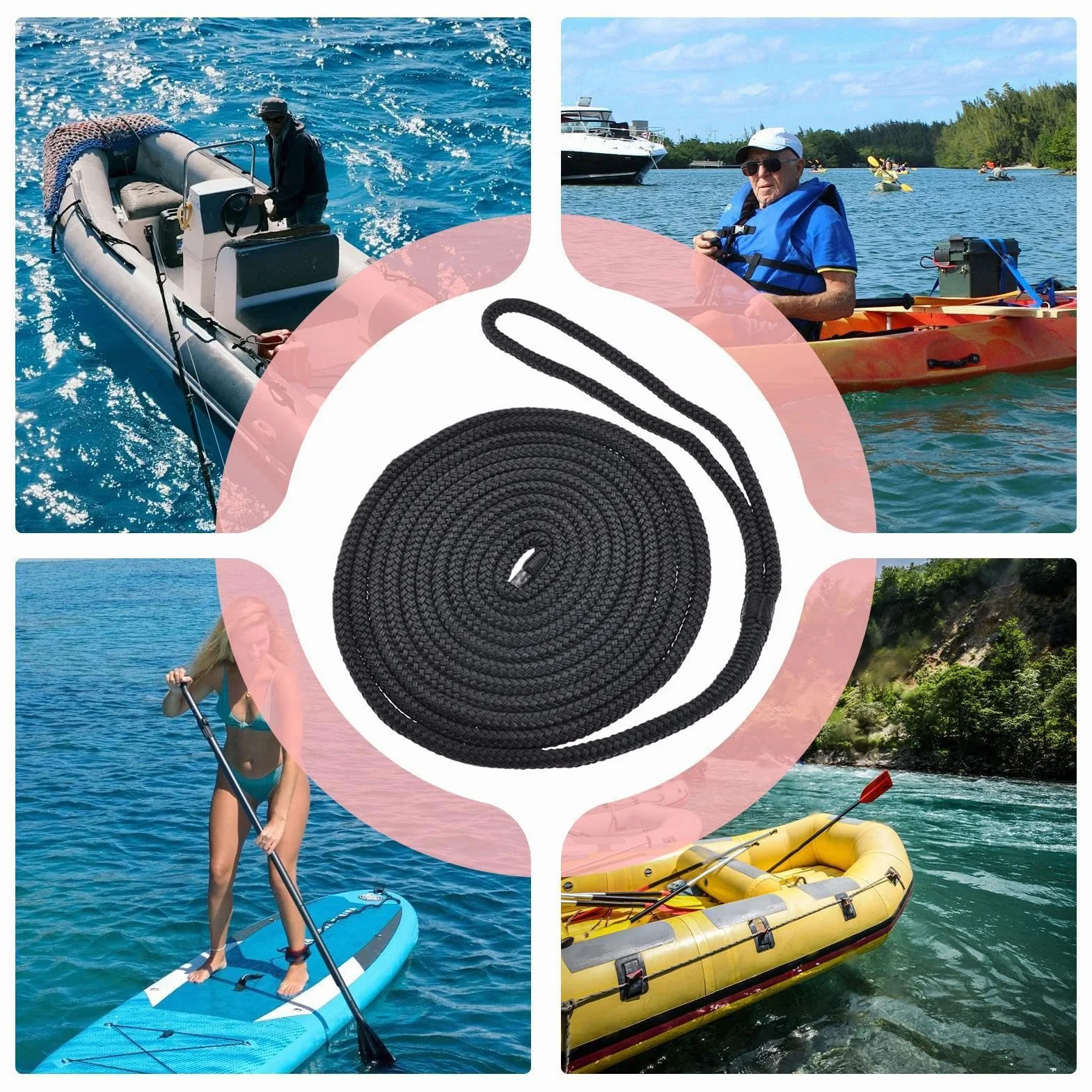 Cime da ormeggio per barca con occhiello Nylon Doppia Treccia Alta Resistenza - Funi per Tubi, Pontili, Traino, Spiaggia, Sci Nautico