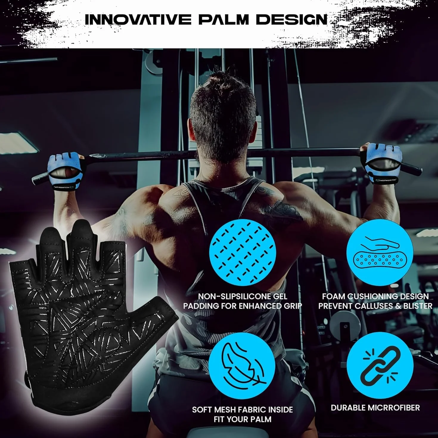 WESTWOOD FOX Guanti da palestra ventilati per sollevamento pesi con imbottitura spessa e protezione palmo