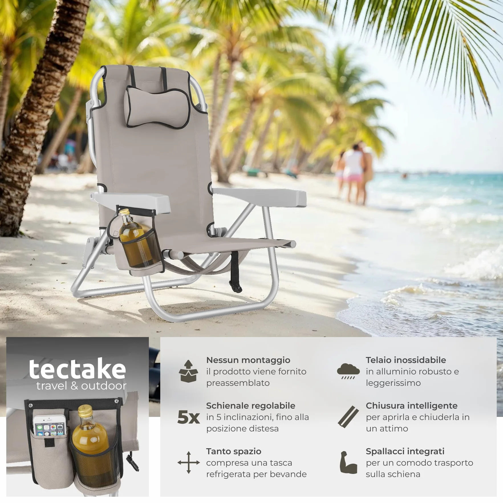 tectake® 2 Sedia da Spiaggia Pieghevole Funzione Zaino, Telaio Alluminio, Schienale Regolabile, Beige