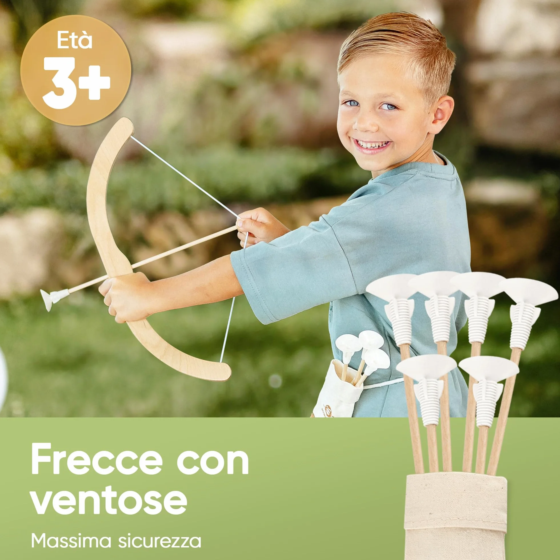 BOWRILLA® Set di Arco e Freccia per Bambini in Legno con 6 Frecce con Ventosa, Bersaglio e Faretra