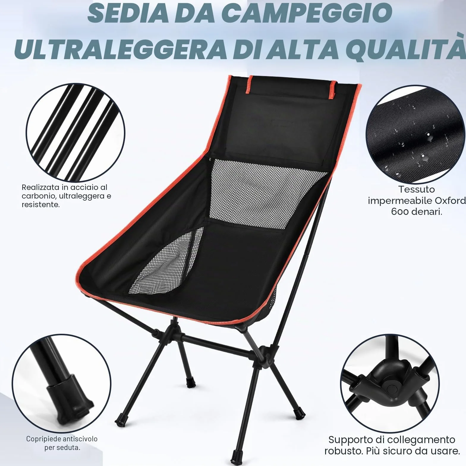 Sedia da Campeggio Pieghevole Ultraleggera 150 kg con Borsa da Trasporto Nero