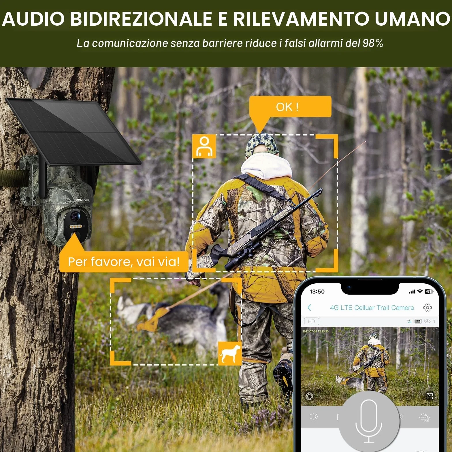 Fotocamera da Caccia 4G con SIM Preinstallato, Fototrappola Solare 2K, Visione Notturna a Colori, Rilevamento PIR, IP66