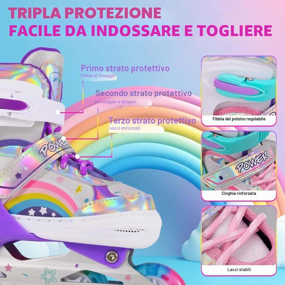 Pattini in linea regolabili per bambini ragazze ragazzi principianti, Pattini a rotelle per bambino e adolescente per lo sport Viola Arcobaleno