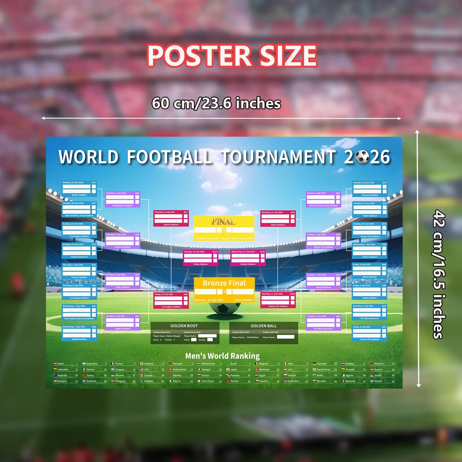 Tabellone da parete Mondiali calcio 2026 poster programma A2 60x42cm 23.6x16.5 pollici decorazioni feste regali
