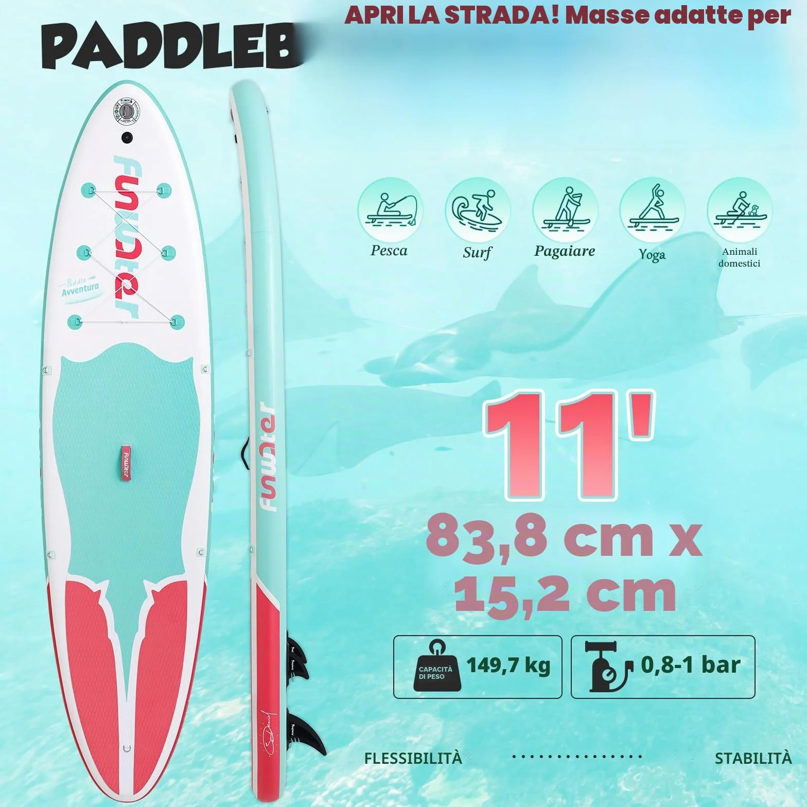 FunWater SUP Tavola Gonfiabile con Pinne, Guinzaglio, Pompa, Pagaia, Zaino per Adulti e Ragazzi