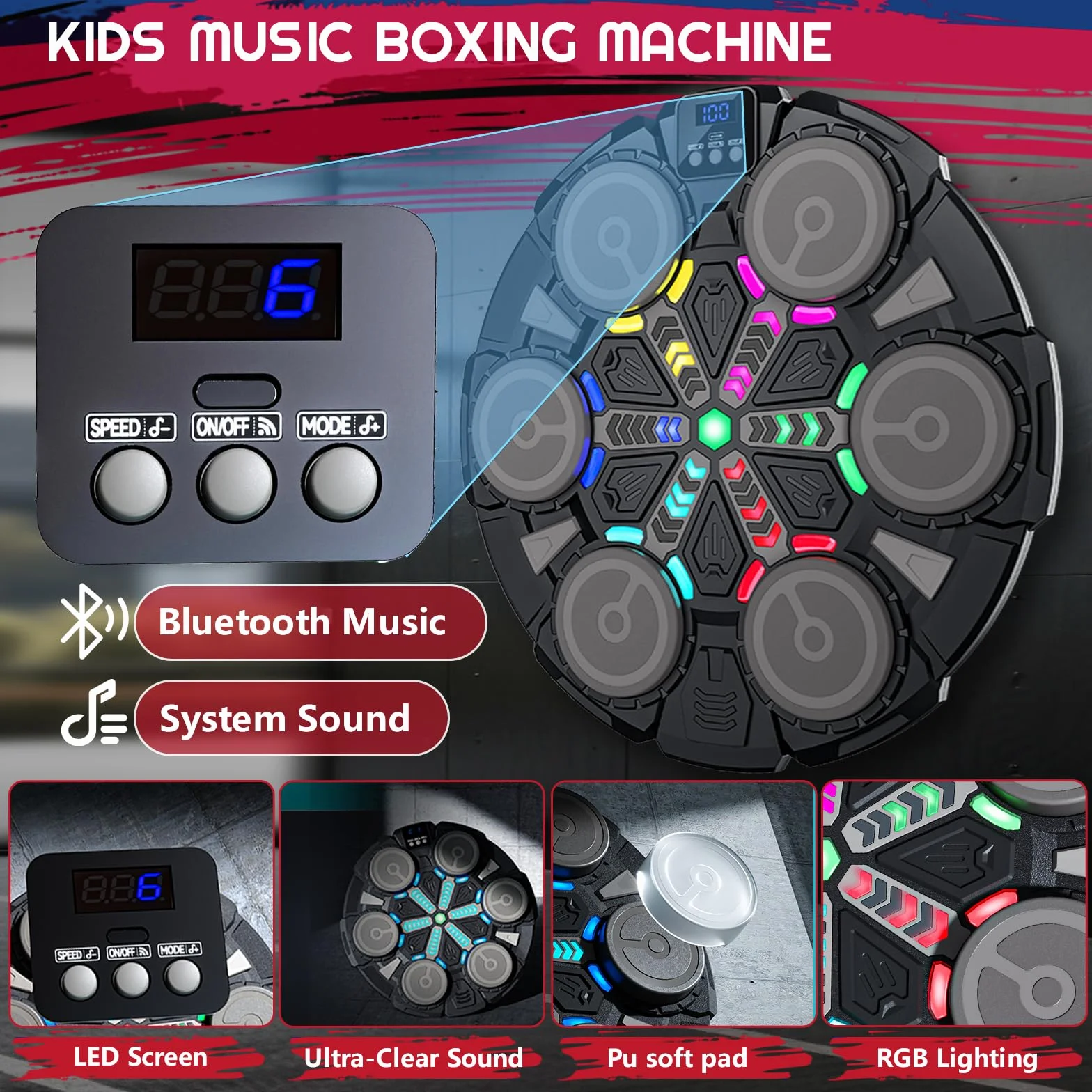 Macchina musicale per boxe, con Bluetooth, da parete, con ricarica USB, attrezzatura da allenamento per boxe, regalo per bambini e adulti
