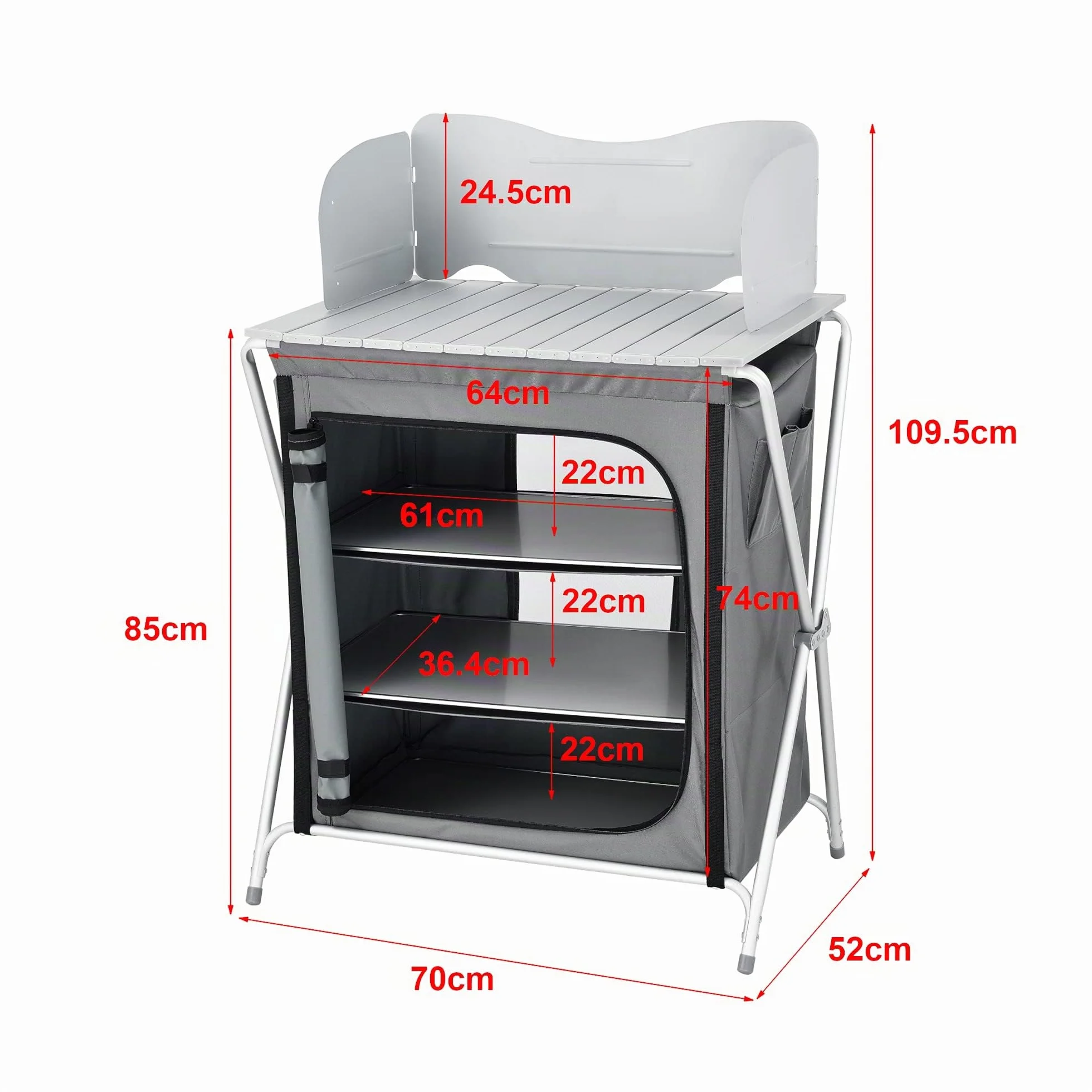 Mobile Portatile da Campeggio Credenza Cucina Pieghevole con Ripiani e Borsa di Trasporto Telaio in Alluminio 110x70x52 cm Grigio Scuro