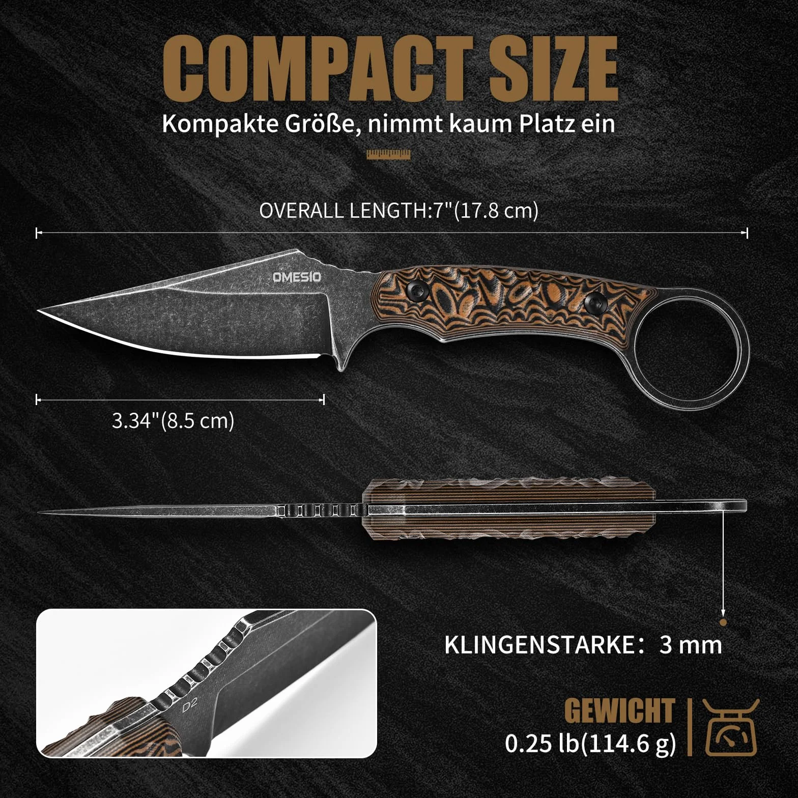 Omesio Coltello Da Collo Fodero in Kydex, Lama in Acciaio D2 Da 8,5 cm, Coltello Da Caccia Con Manico in G10, Adatto Per Campeggio All'Aperto Pesca Sopravvivenza
