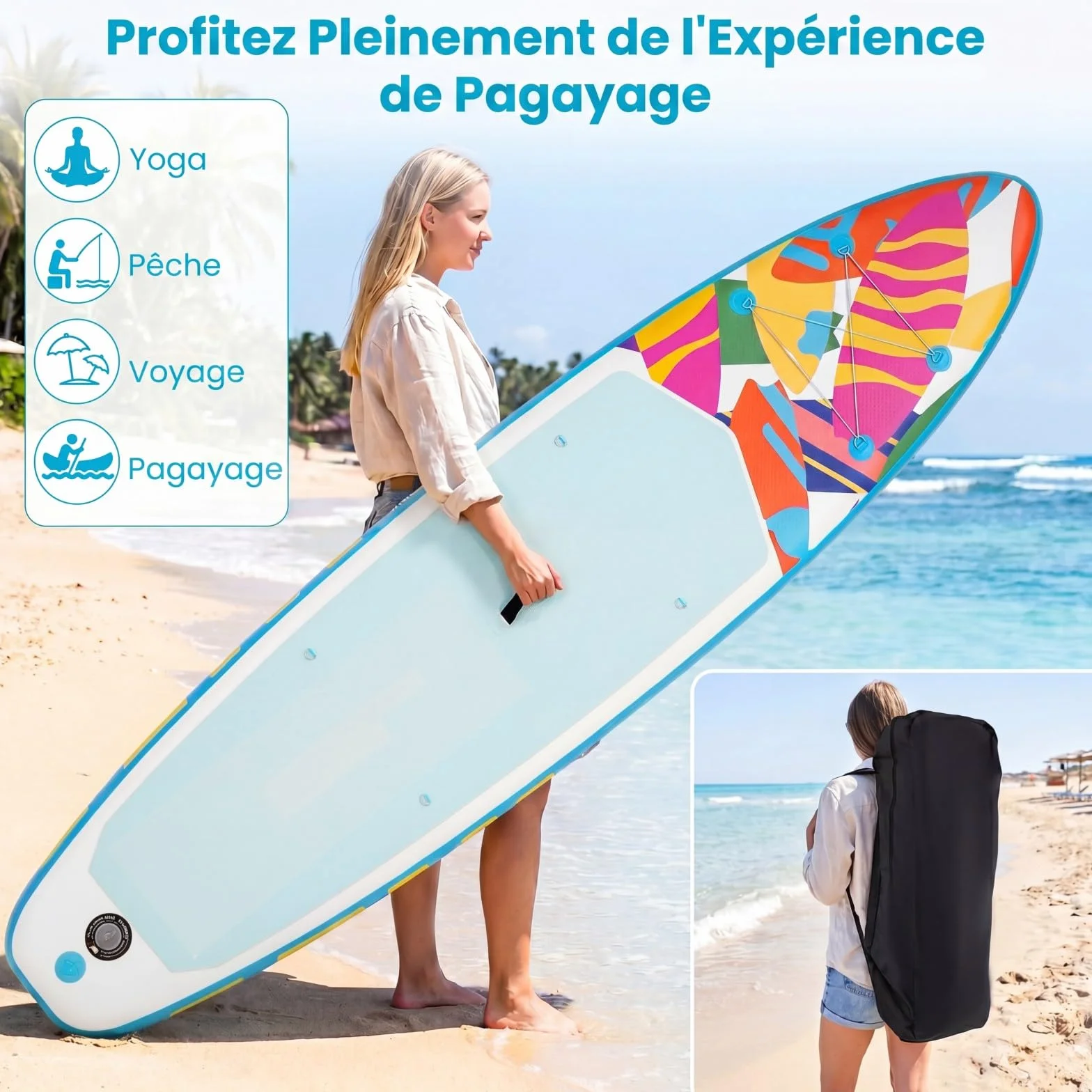 HOMASIS Tavola da SUP Gonfiabile, Paddle Board con Pompa Manuale, 3 Pinne Rimovibili, 336 x 77 x 16 cm