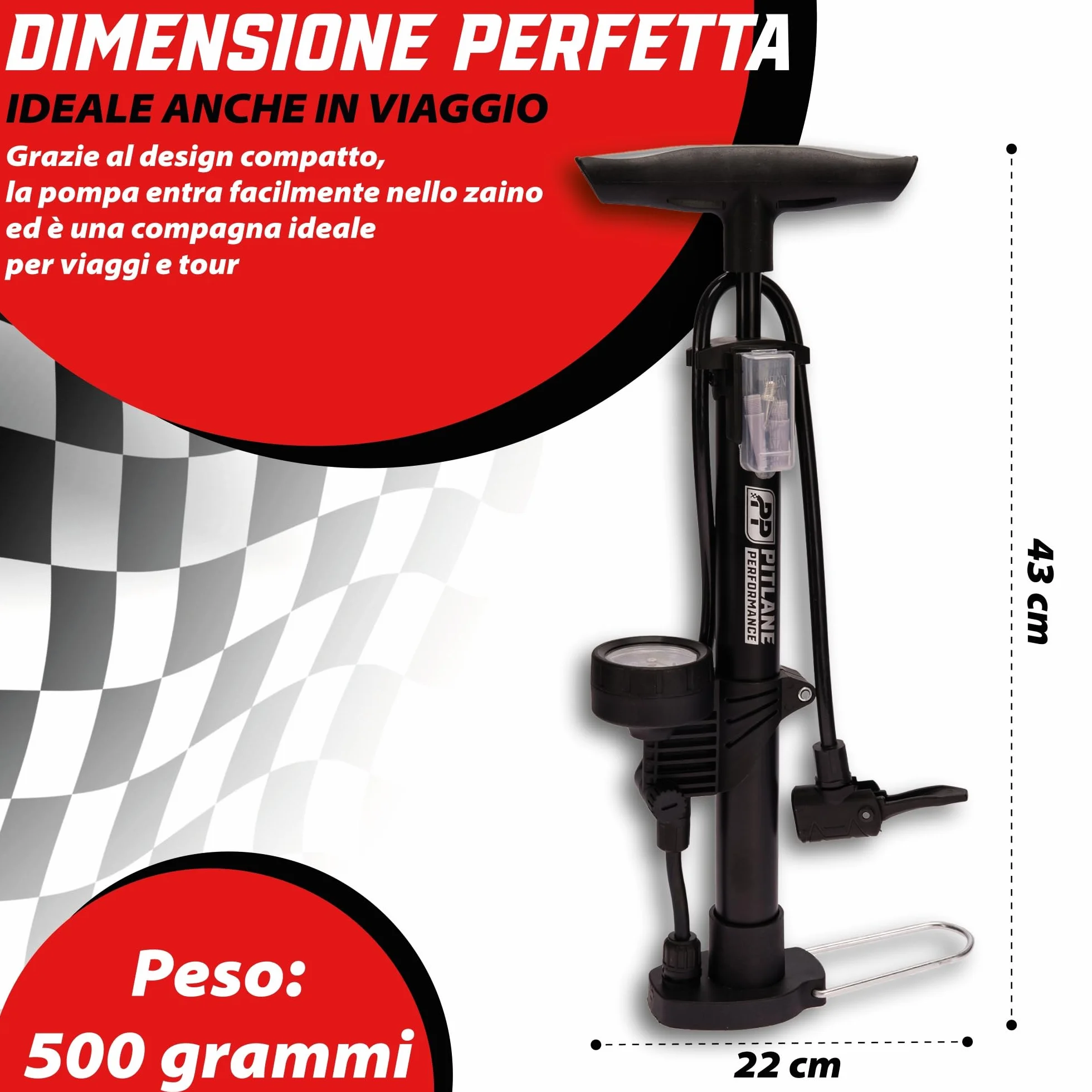 Pompa a pedale con manometro 42 cm 11 bar per valvole Schrader Presta Dunlop