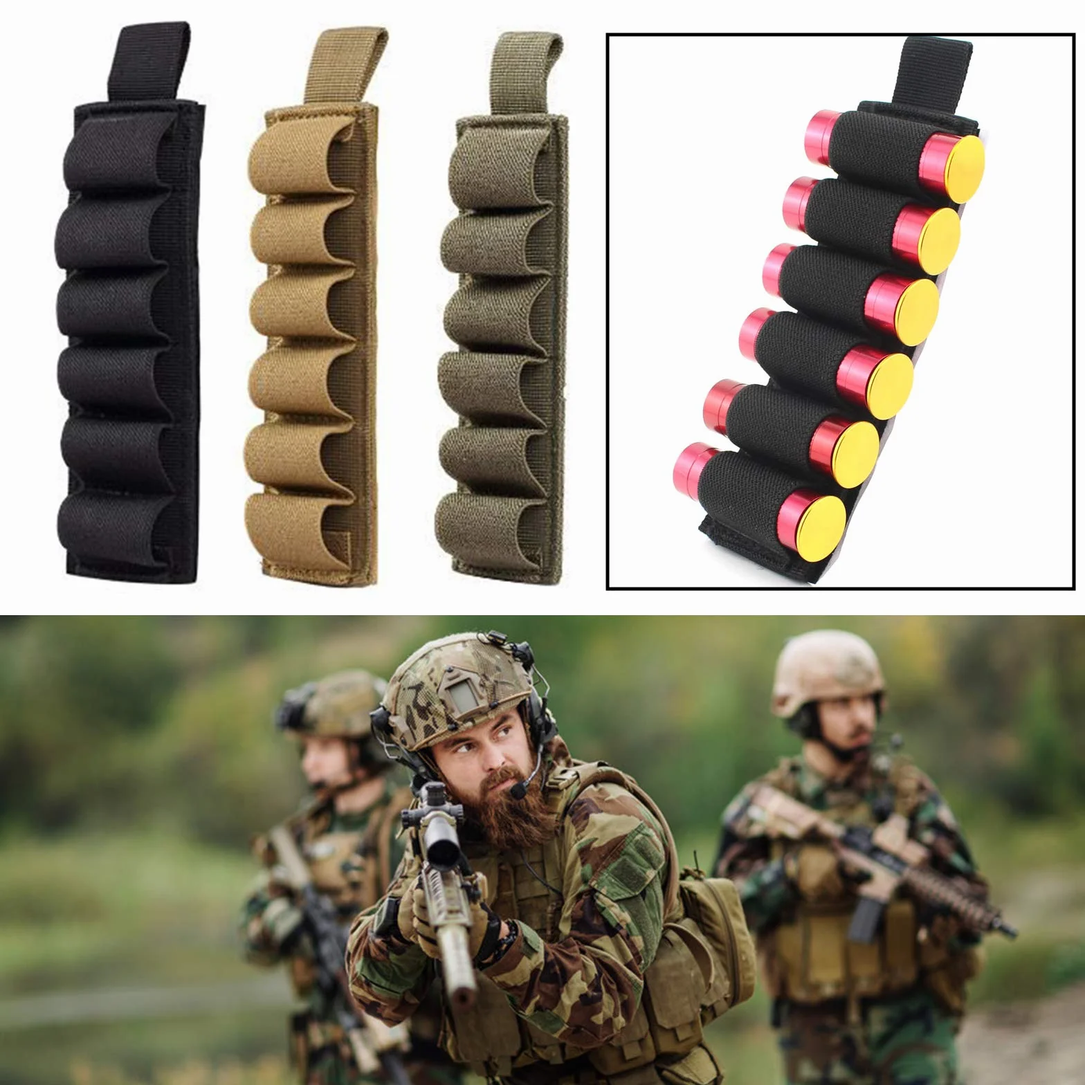 Porta cartucce tattico in Nylon 6 rotondi per fucili airsoft (Nero)