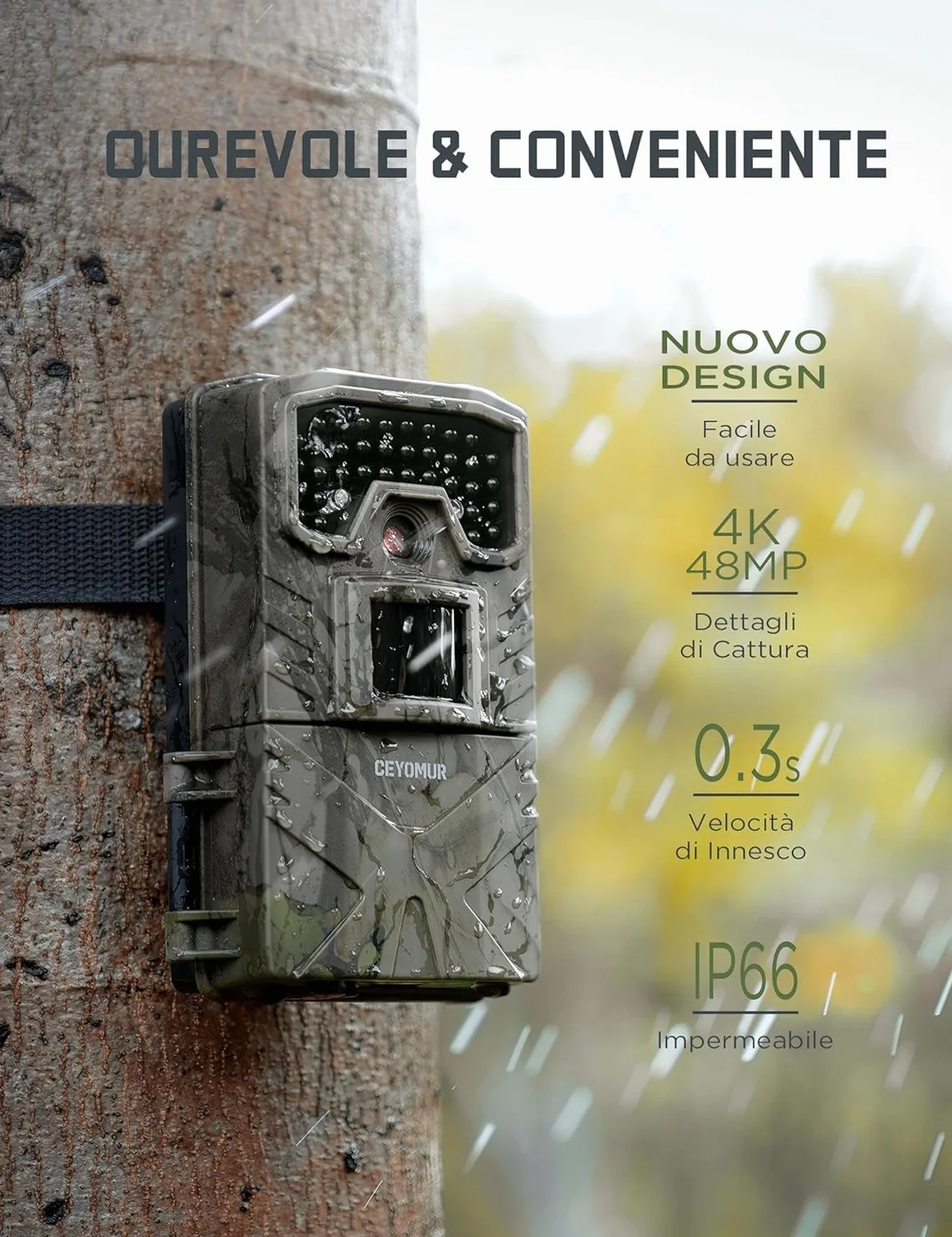 CEYOMUR Fototrappola 48MP 4K 30fps, Fotocamera Caccia con Visione Notturna IR, IP66 Impermeabile, 32GB SD e Batterie