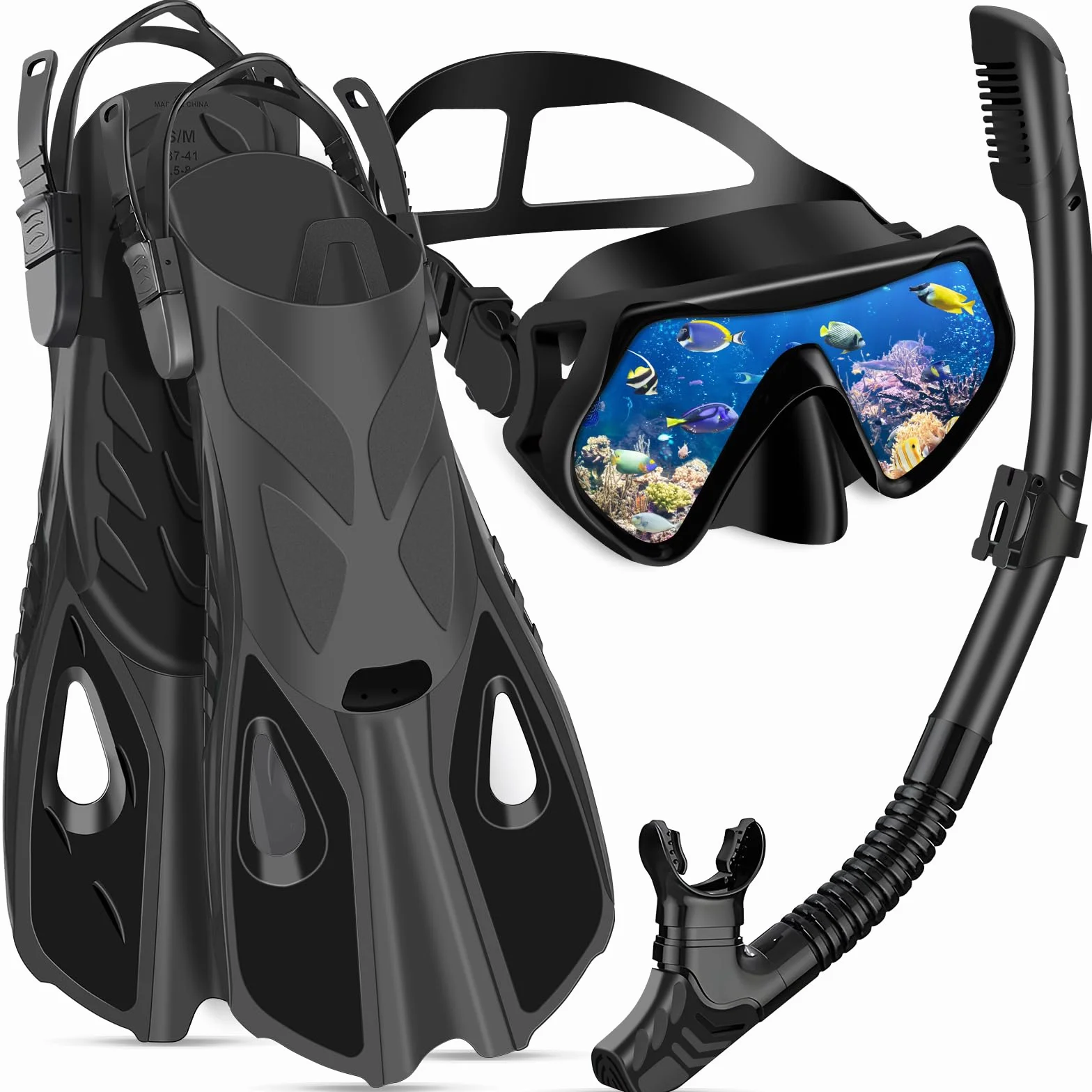 IEEILULU Set da Snorkeling per Adulti, Set di Boccaglio con Maschera Subacquea, Snorkel Semi Asciutto e Pinne Regolabili, Set da Immersione per Adulti Snorkeling Avventura Subacquea