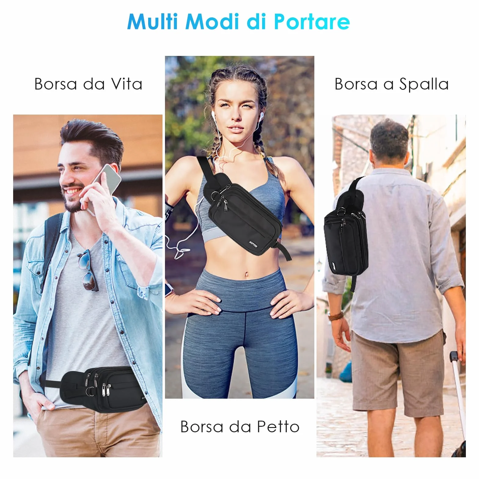 AGPTEK Marsupio Sportivo Uomo Donna 5 Tasche Lavoro Grande RFID Portasoldi Cintura Regolabile Corsa Campeggio Viaggio
