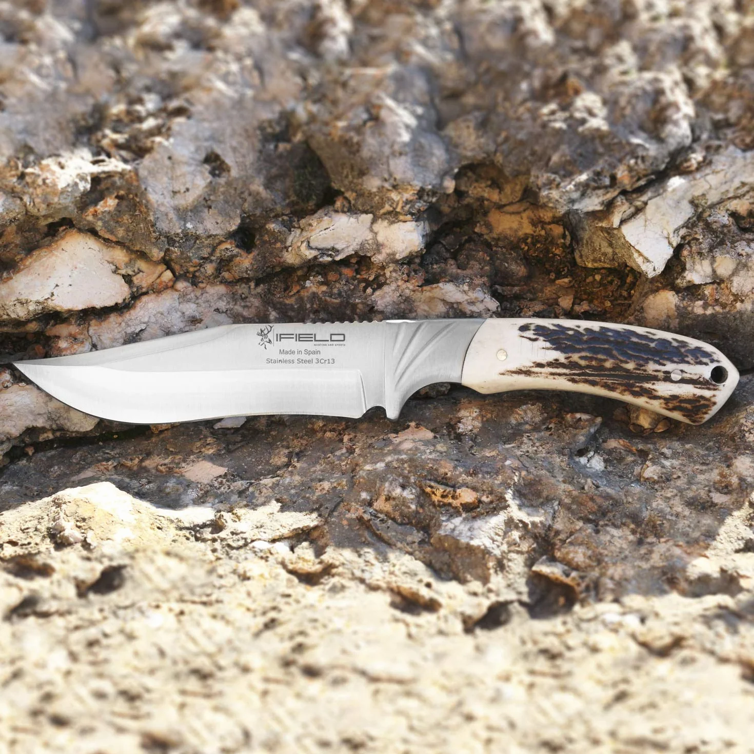 iFIELD EL29013 Multifunzionale escursionismo, caccia e sopravvivenza coltello per l'esterno, Deer Handle, lama in acciaio inox 3Cr13, di alta qualità fodero colore marrone