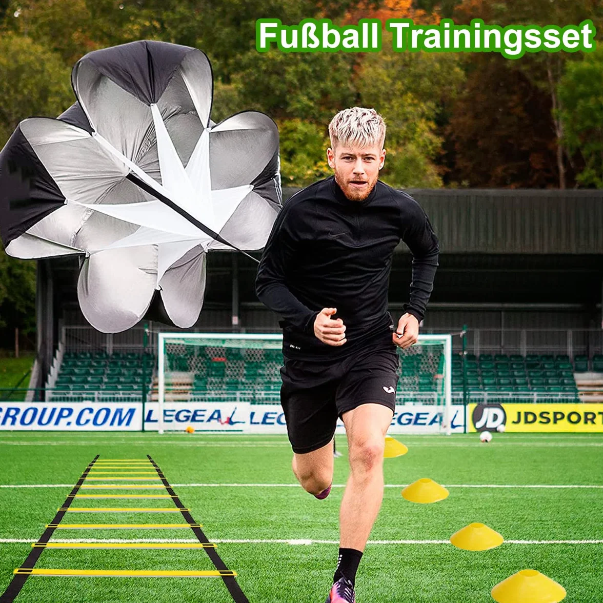 Kit Allenamento Calcio 6M con 4 Chiodo da Terra, 10 Cinesini, 5 Fasce di Resistenza, Corda per Saltare