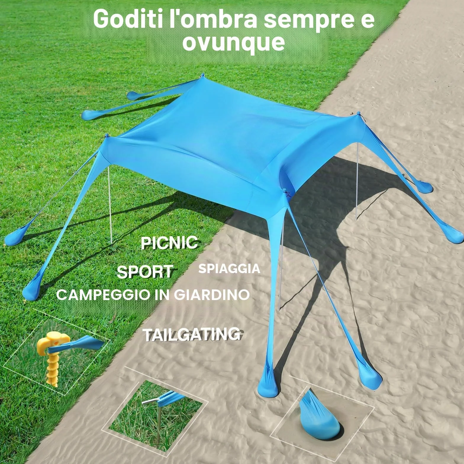 Rhino Valley 3x3m Tenda da Spiaggia Ultra Stabile Portatile, Protezione UV UPF50+ Tenda da Mare Super Antivento con 8 Ancoraggi a Sabbia Riempibili e 4 Aste in Alluminio