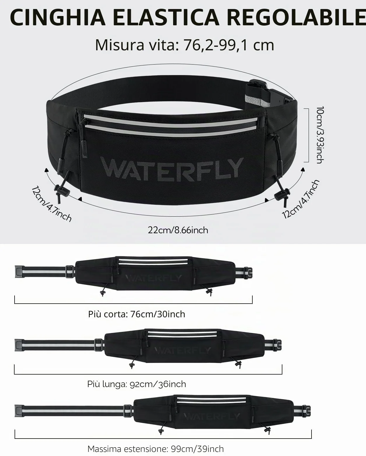 WATERFLY Marsupio Running Cintura da Corsa con Chiusura a clip per Cellulare 3 Tasche Jogging Sportivo