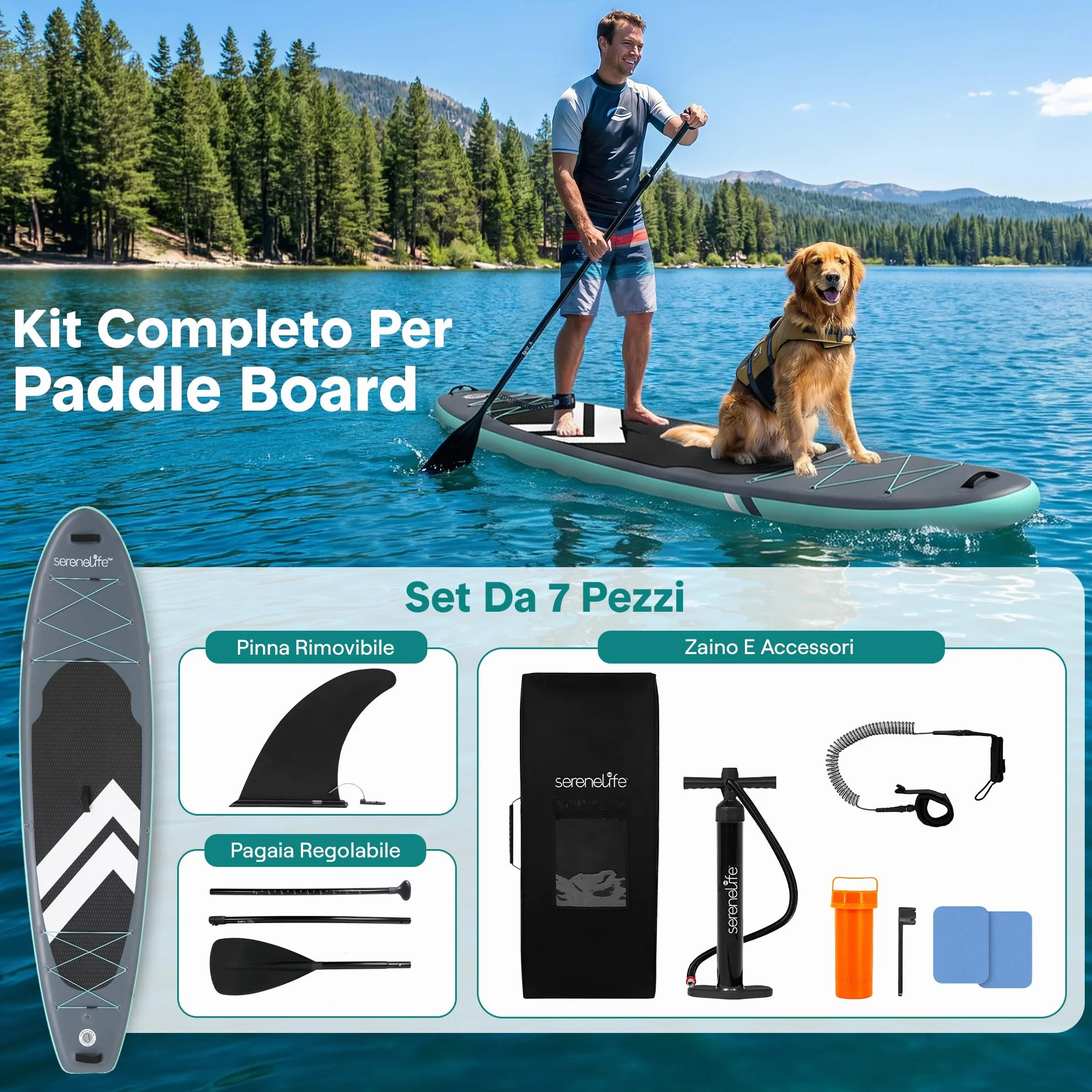 SereneLife SUP Gonfiabile Tavola Stand Up Paddle Board Ultraleggera Larga Stabile Deck EVA Antiscivolo Accessori Premium Capacità 159 kg