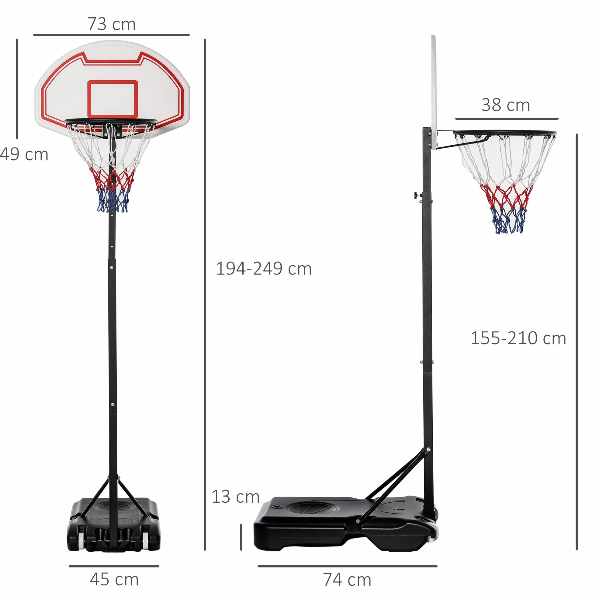HOMCOM Canestro da Basket da Esterno in Acciaio Regolabile 73x49x194-249 cm