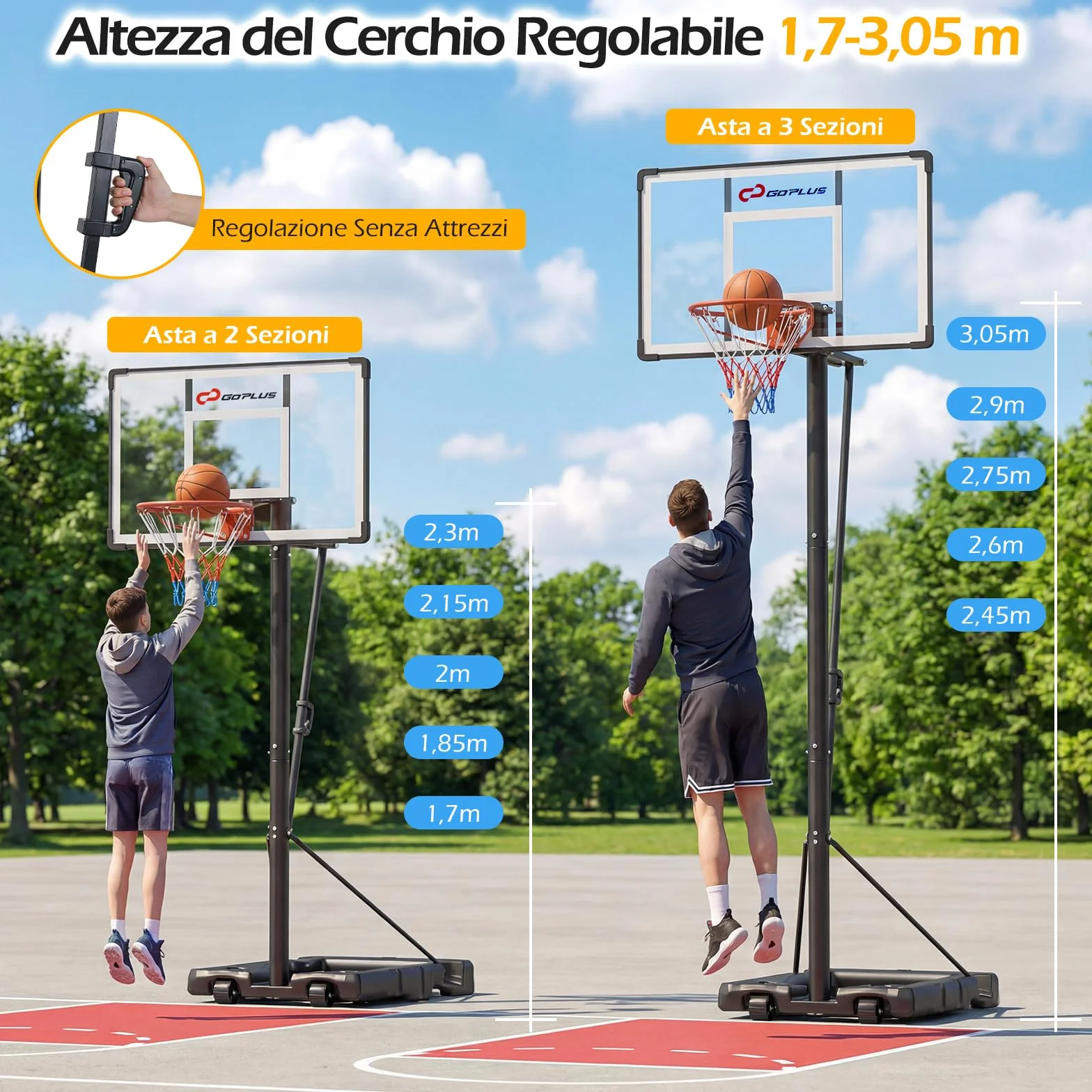 COSTWAY Canestro da Basket Portatile Altezza Regolabile 226-361 cm Tabellone Infrangibile Base Riempibile