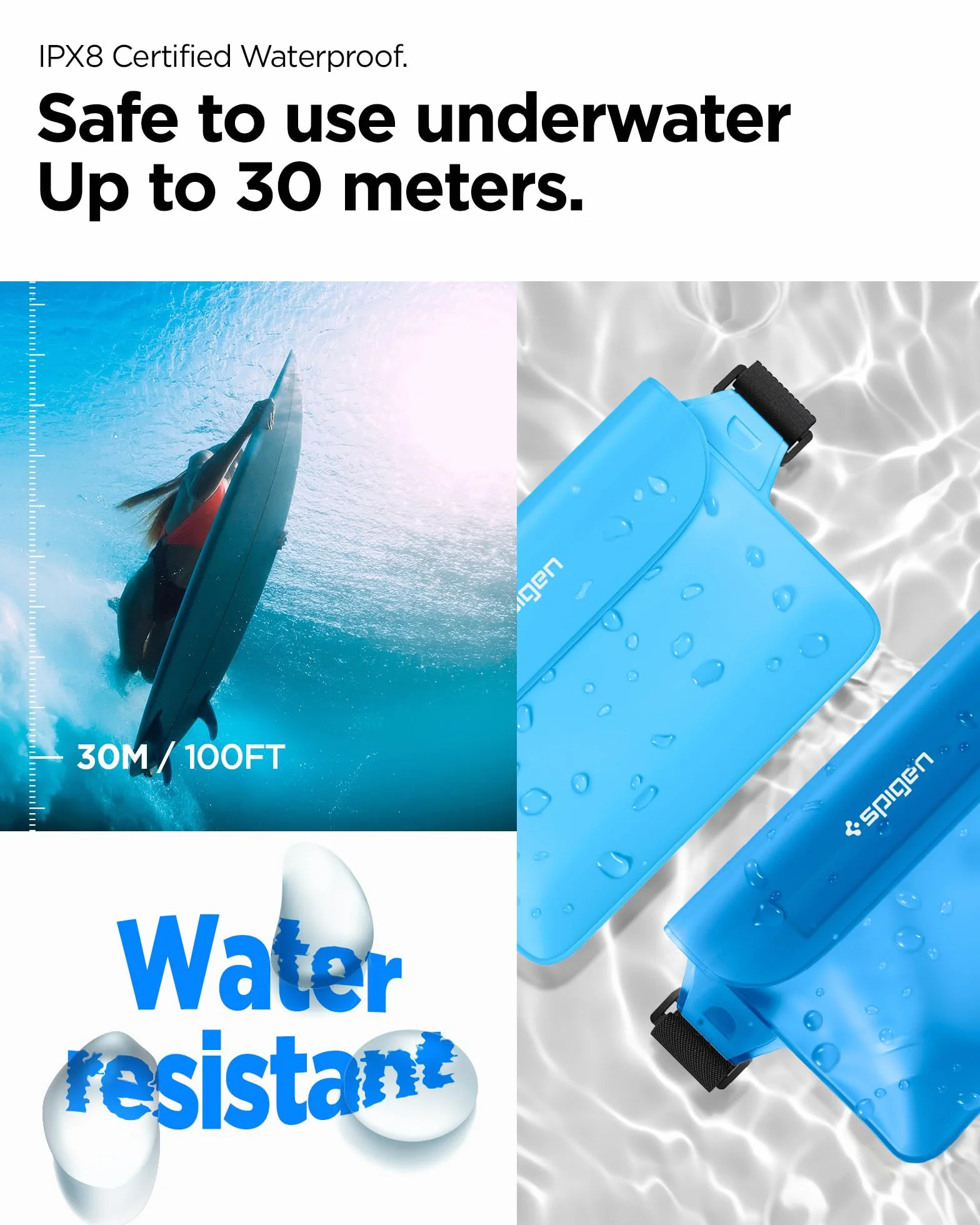 Spigen A620 Aqua Shield IPX8 Borsa impermeabile Marsupio Sport Pouch con cinturino vita Regolabile 2 pezzi - Mare Blu