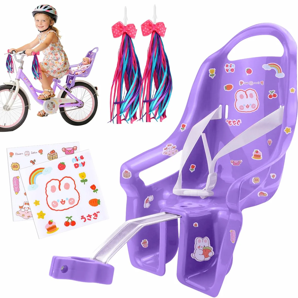 Seggiolino per Bicicletta per Bambole con Adesivi Fai da Te e Manubrio Stelle Filanti, Accessorio Bicicletta per Bambini