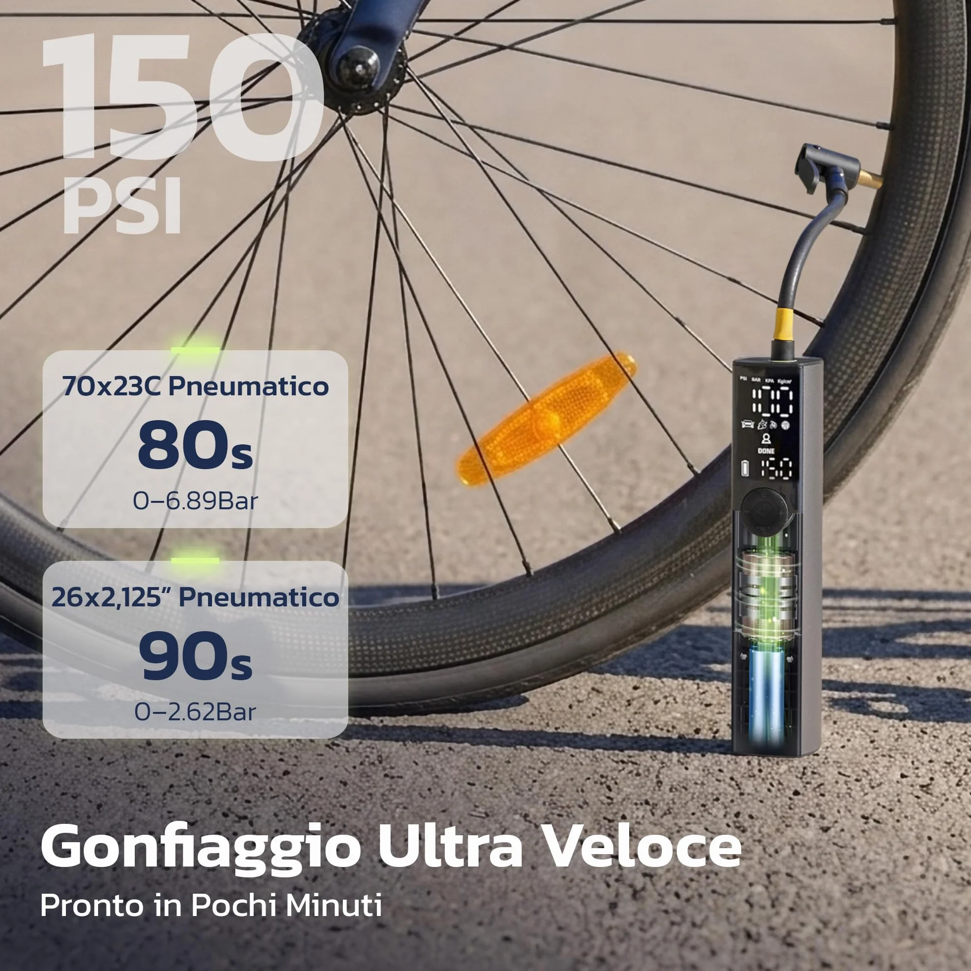 Woowind Ventus Ride Pompa Elettrica per Bicicletta, 150 PSI, 10,3 Bar, Portatile, Compressore Aria, Presta, Schrader, MTB, e-bike