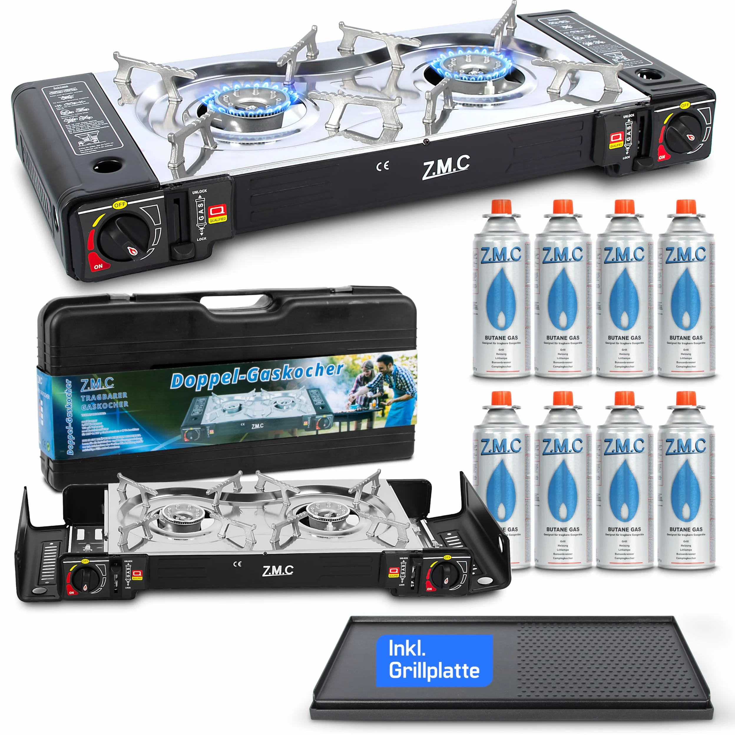 Z.M.C ZMC - Fornello a gas da campeggio a 2 fuochi con adattatore per collegamento GPL + piano cottura 45 x 24 cm + 8 cartucce di gas da 227 g, fornello da campeggio con accensione piezoelettrica per