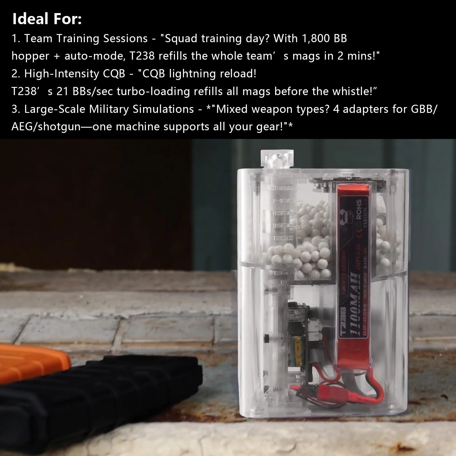 Softair Speedloader PRO: caricatore automatico caricatore, 21 BBS/s, OLED, capacità 1800rd, 4 adattatori, protezione antibloccaggio, inclusa batteria da 11,1 V 1100 mAh