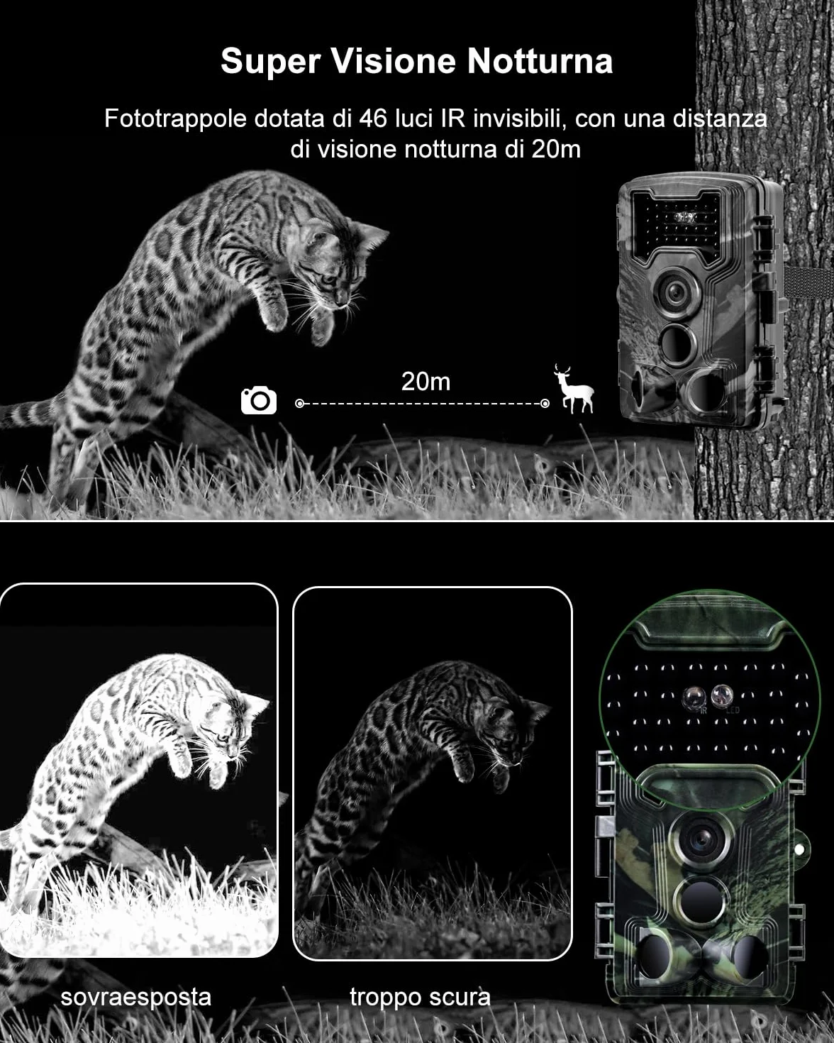 Fototrappola 2,7K 58MP Fotocamera Caccia Grandangolare 120° Infrarossi Invisibili con Scheda 32GB Visione Notturna 0,1s