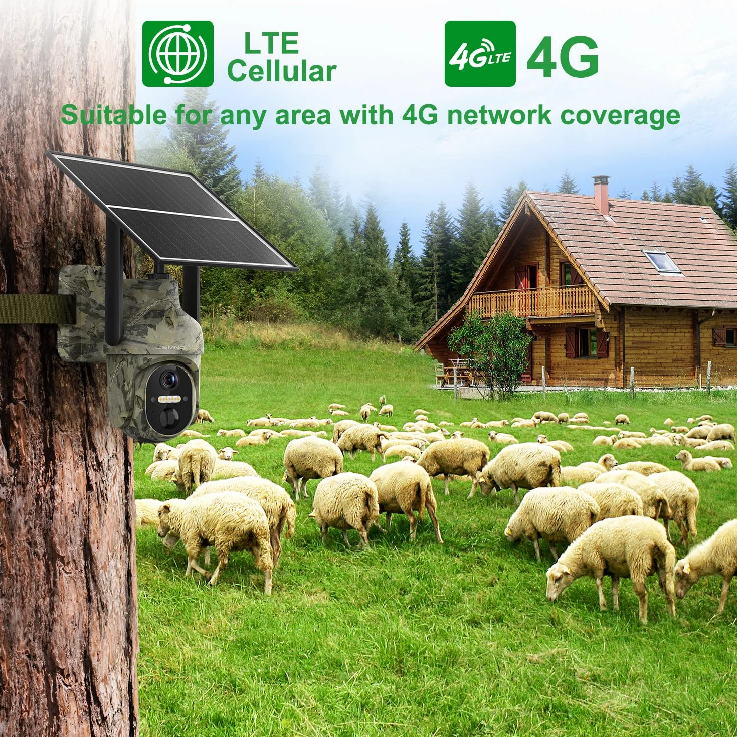LEMNOI Fotocamera da Caccia 4G Fototrappola Solare 2K PTZ Esterna con Pannello Solare, Visione Notturna a Colori, Rilevamento PIR