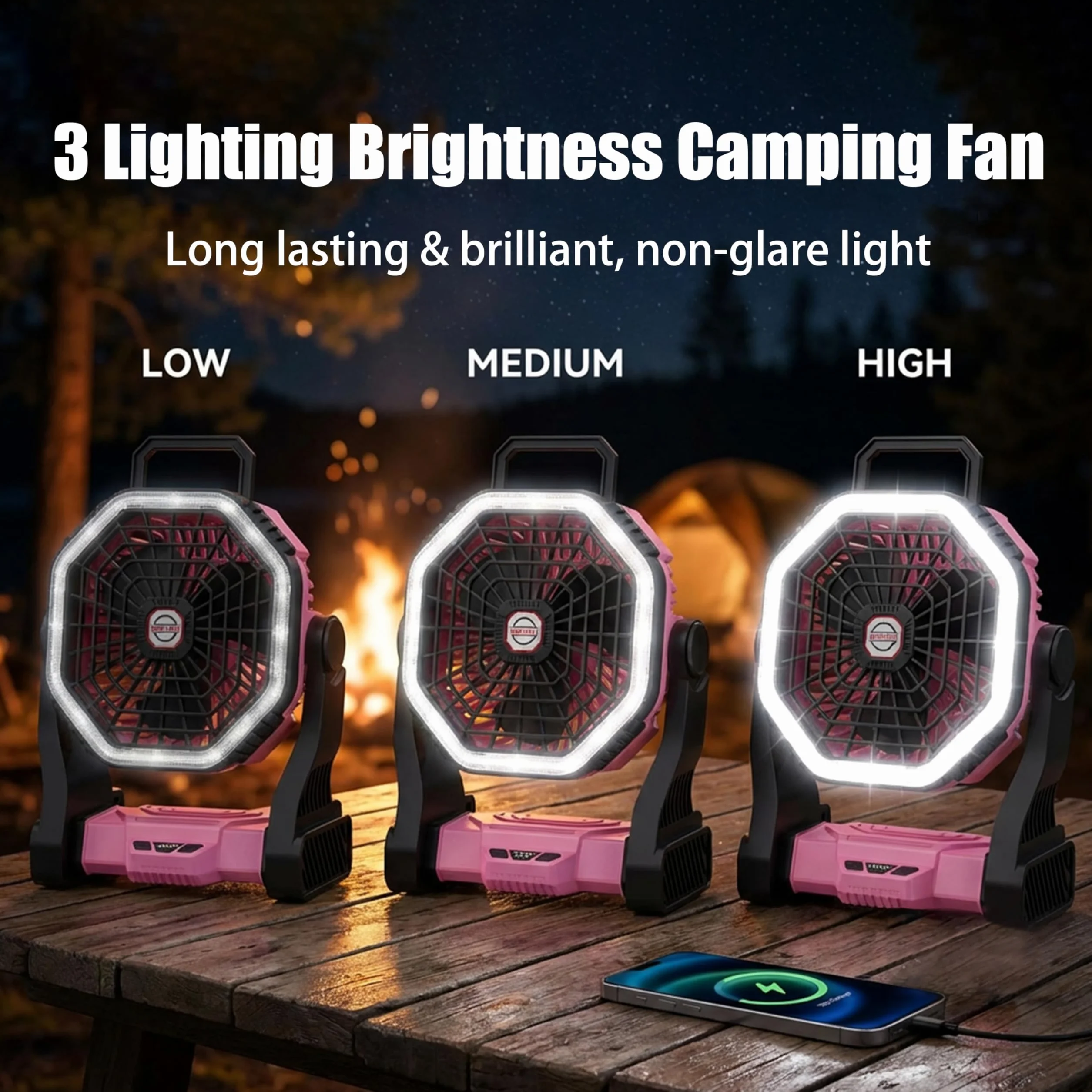 Ventilatore da Campeggio LED Portatile, 2-in-1 Ricaricabile, 4 Impostazioni di Velocità, Batteria da 10000mAh, 3 Modalità di Luce (Rosa)