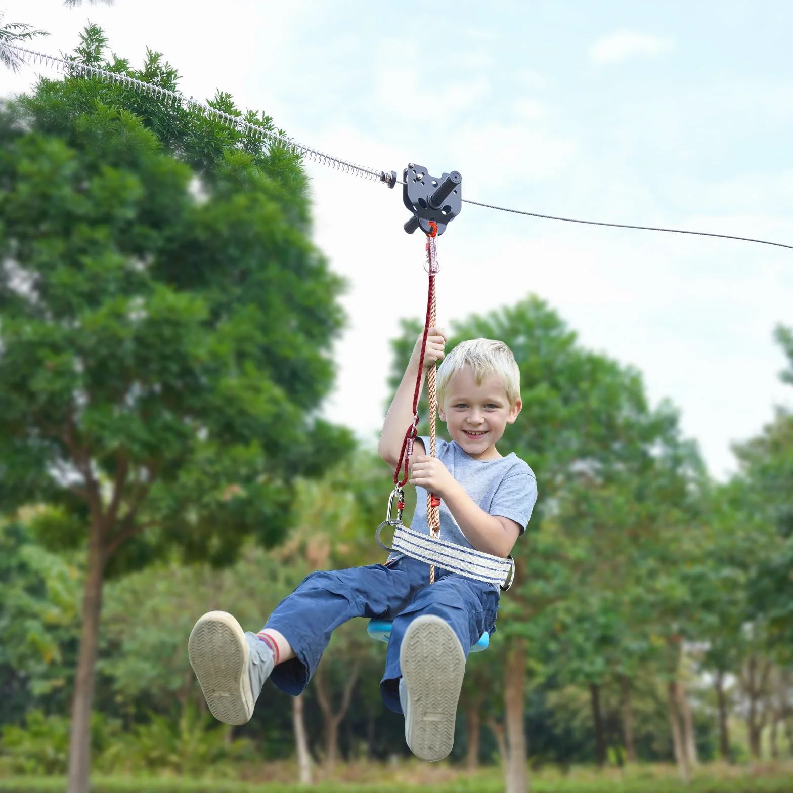 VEVOR Kit Teleferica Zipline 24,38 m Giardino Cortile Parco Corda Scivolo Corrimano Seduta Carico Max 149 kg