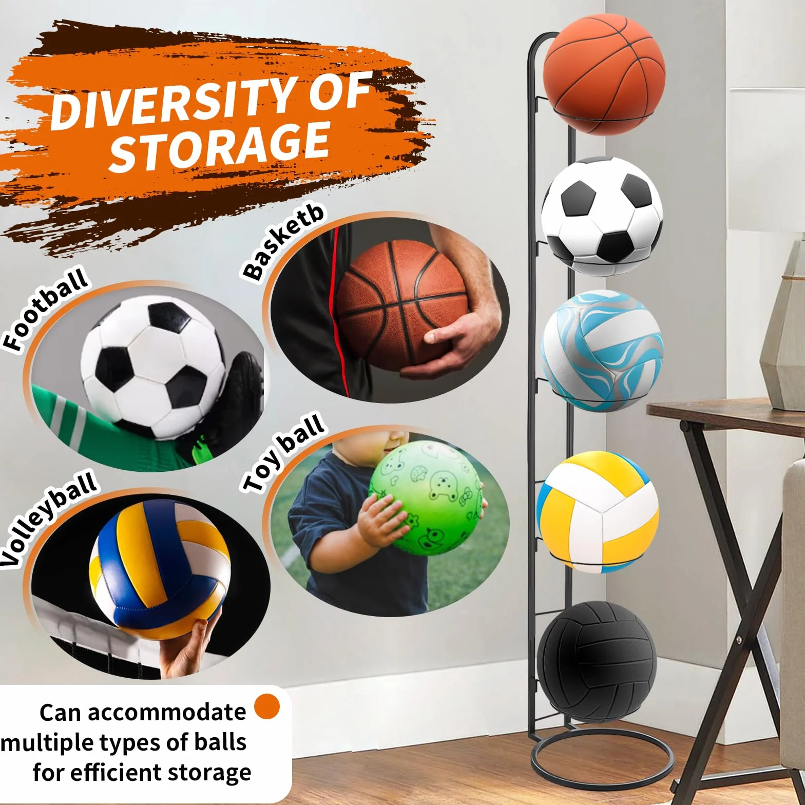 Porta Palloni da Basket 5 Livelli, Rastrelliera Verticale per Pallacanestro, Calcio e Pallavolo