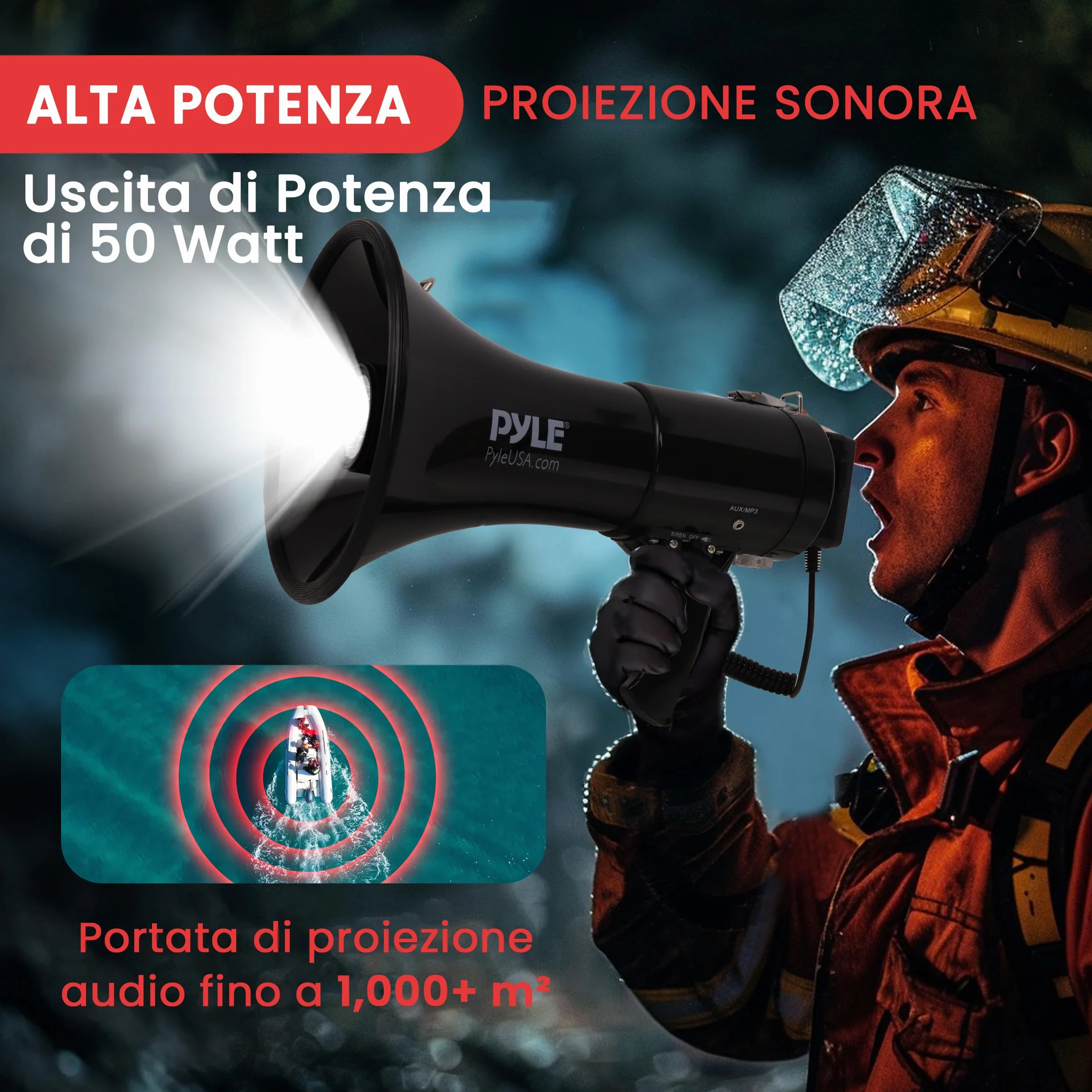 Pyle Megafono 50 Watt Portatile con Microfono, Sirena Allarme e Volume Regolabile