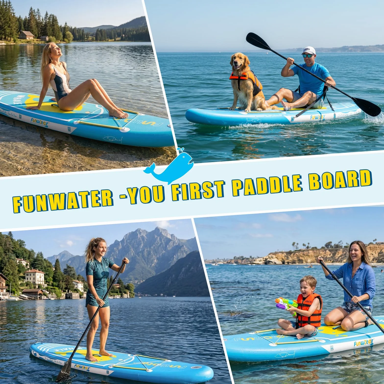 FunWater SUP Tavola da surf gonfiabile completa paddleboard con pagaia regolabile, pompa, zaino, guinzaglio, custodia impermeabile