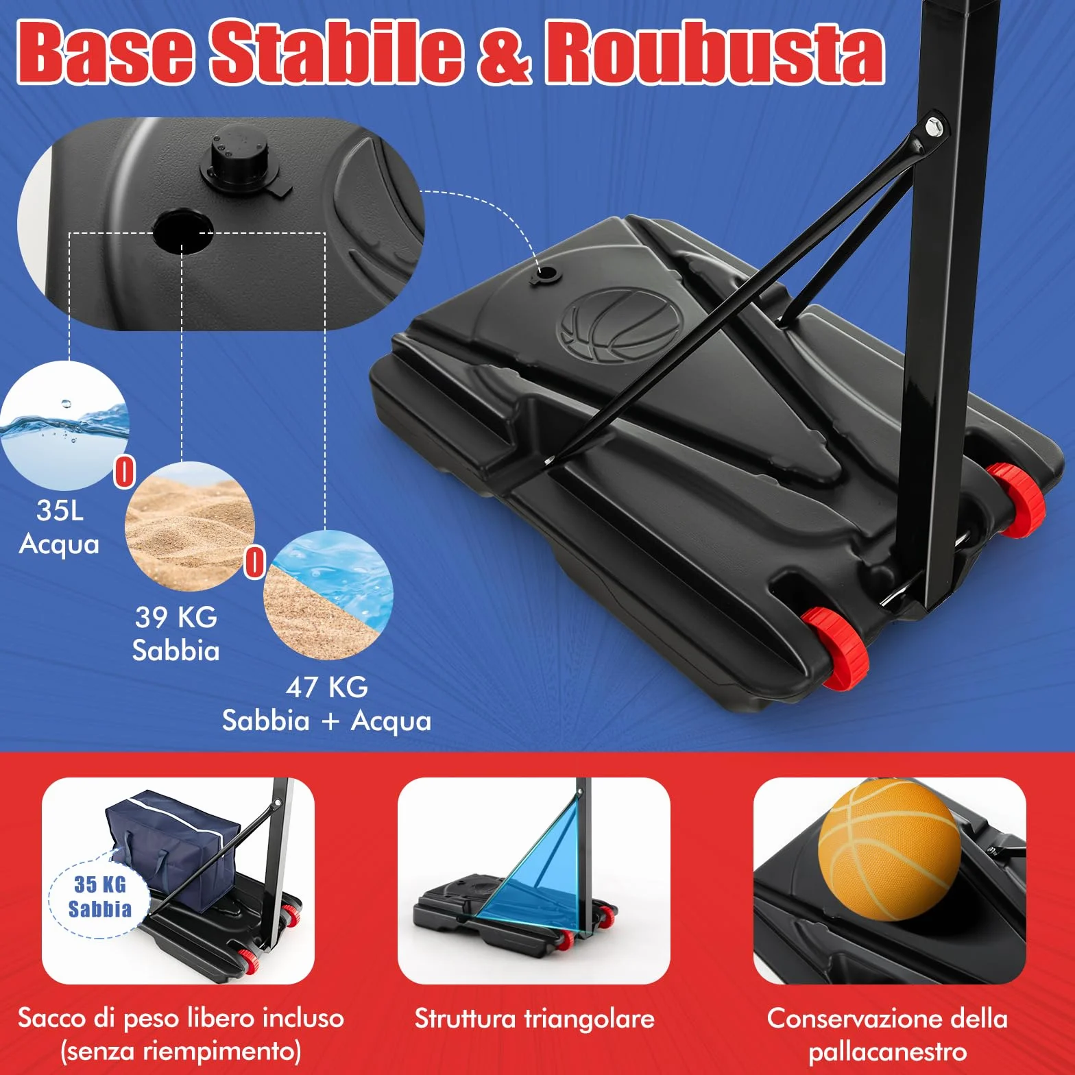 COSWAY Canestro da Basket Esterno Portatile Regolabile 10 Livelli Tabellone 82cm Base Riempibile 2 Ruote Borsa Pallone Pompa