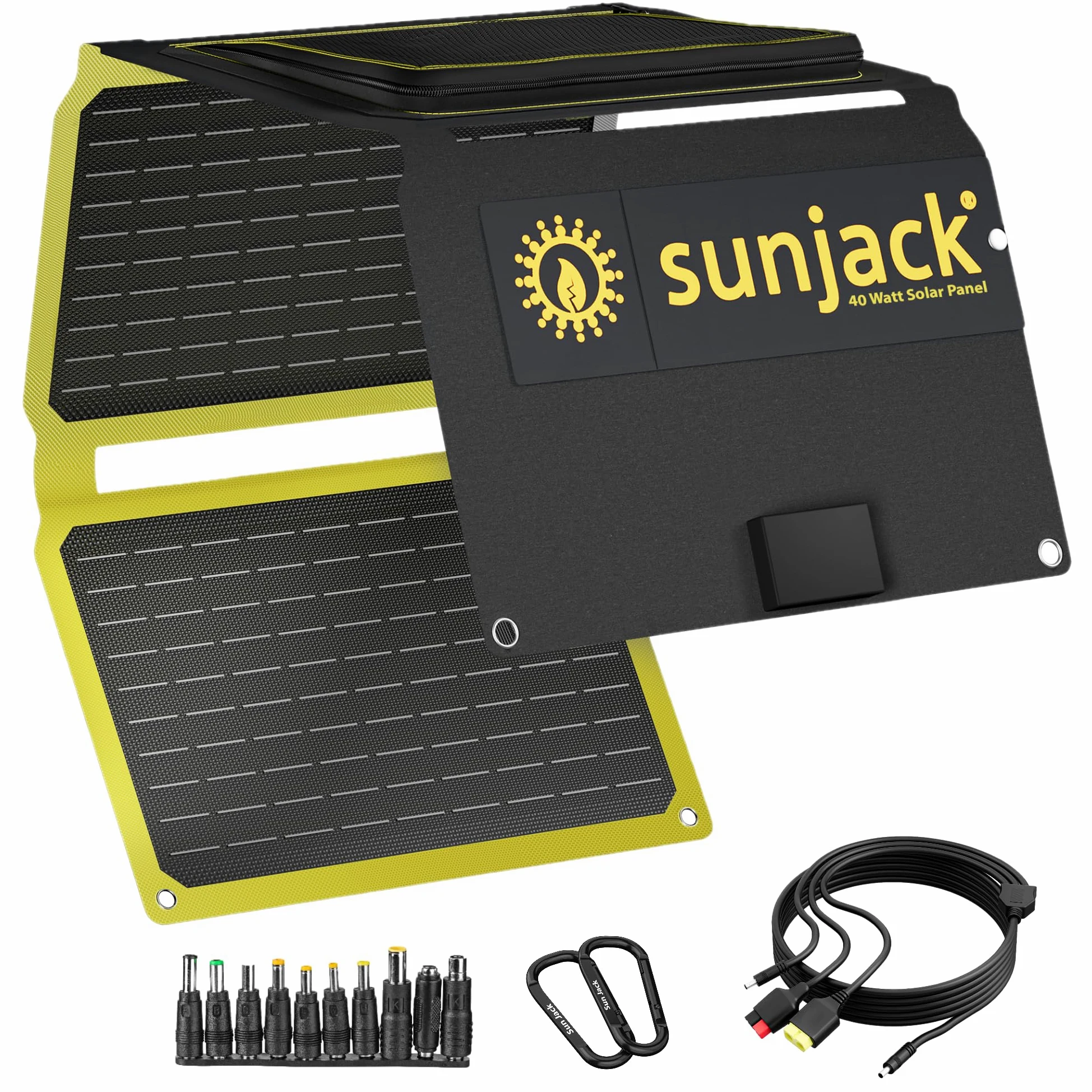 SunJack Caricatore portatile pieghevole a pannello solare da 40 W con supporti, IP67 impermeabile ETFE e DC/USB-A QC3.0/USB-C PD30 per telefono cellulare, laptop, stazione elettrica, zaino in spalla