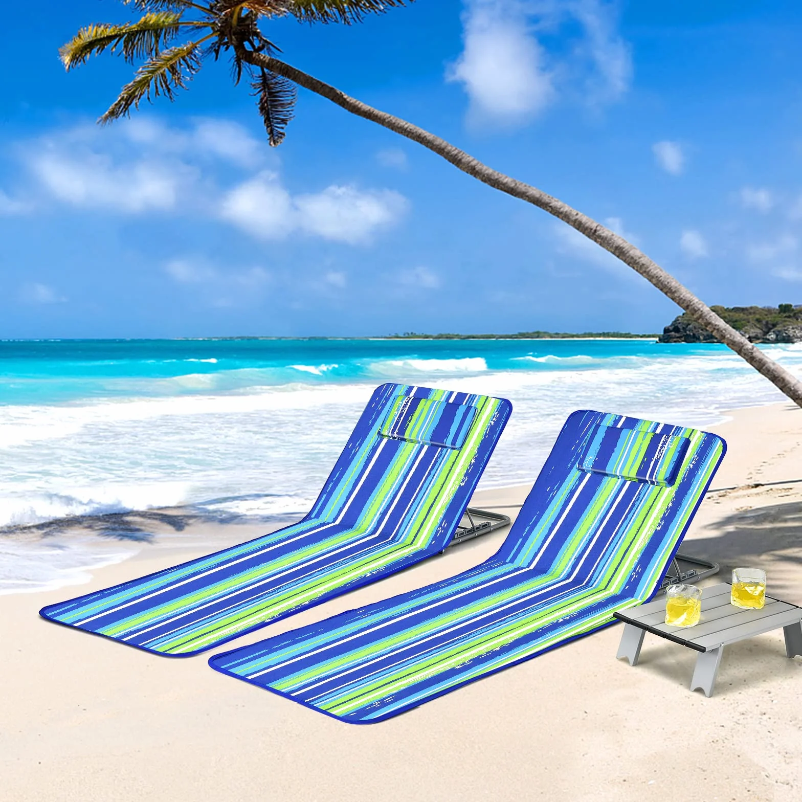 GYMAX Tappetino da Spiaggia Reclinabile Set 2 Sedie e Tavolino Pieghevole Multifunzione Blu e Verde