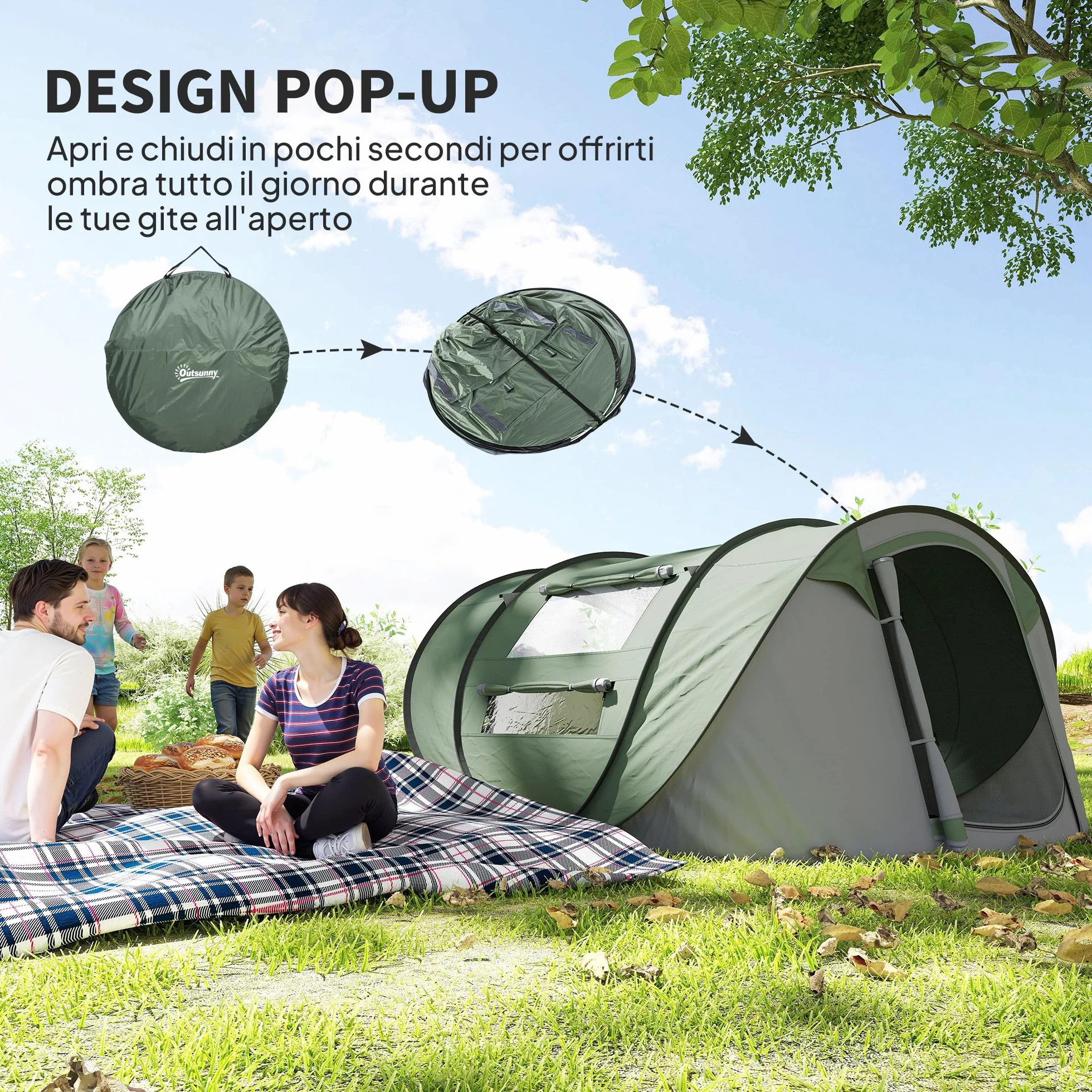 Outsunny Tenda da Campeggio Pop Up 2 Posti Impermeabile 263.5x220x123 cm Verde Scuro