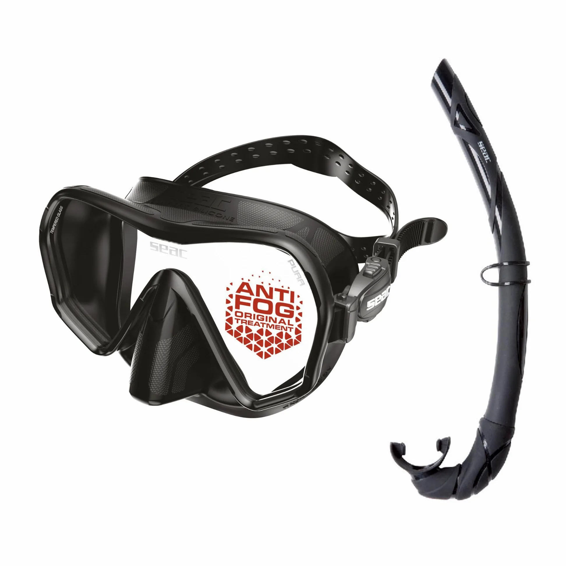 SEAC Set Bis Pura, Maschera Monolente Antifog Anti Appannamento con Fibbia 3D e boccaglio Turtle pieghevole in silicone Ipoallergenico Set per Immersioni e Snorkeling