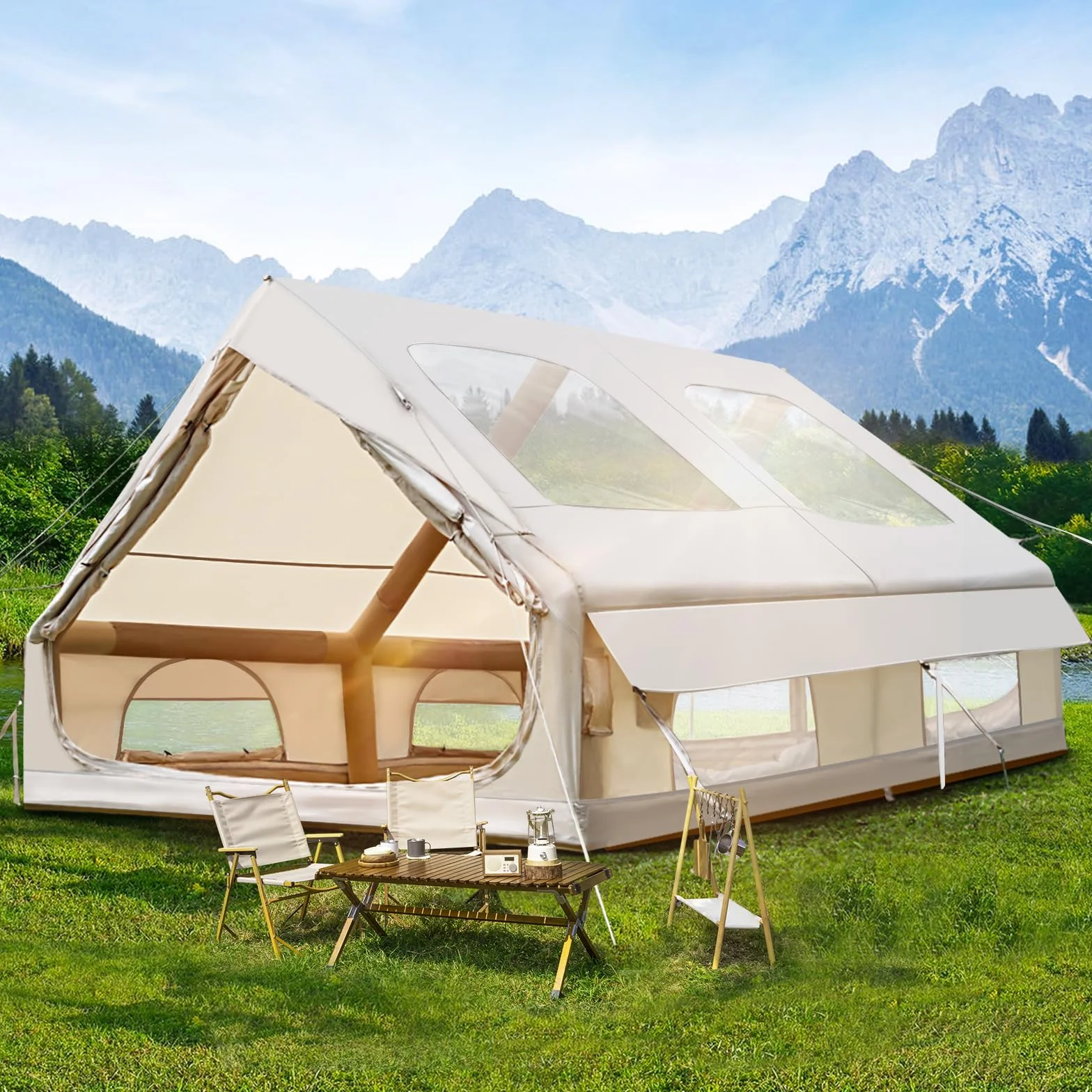 Tenda da campeggio gonfiabile 2-8 persone con apertura camino e lucernario, Oxford impermeabile 4 stagioni, pompa aria