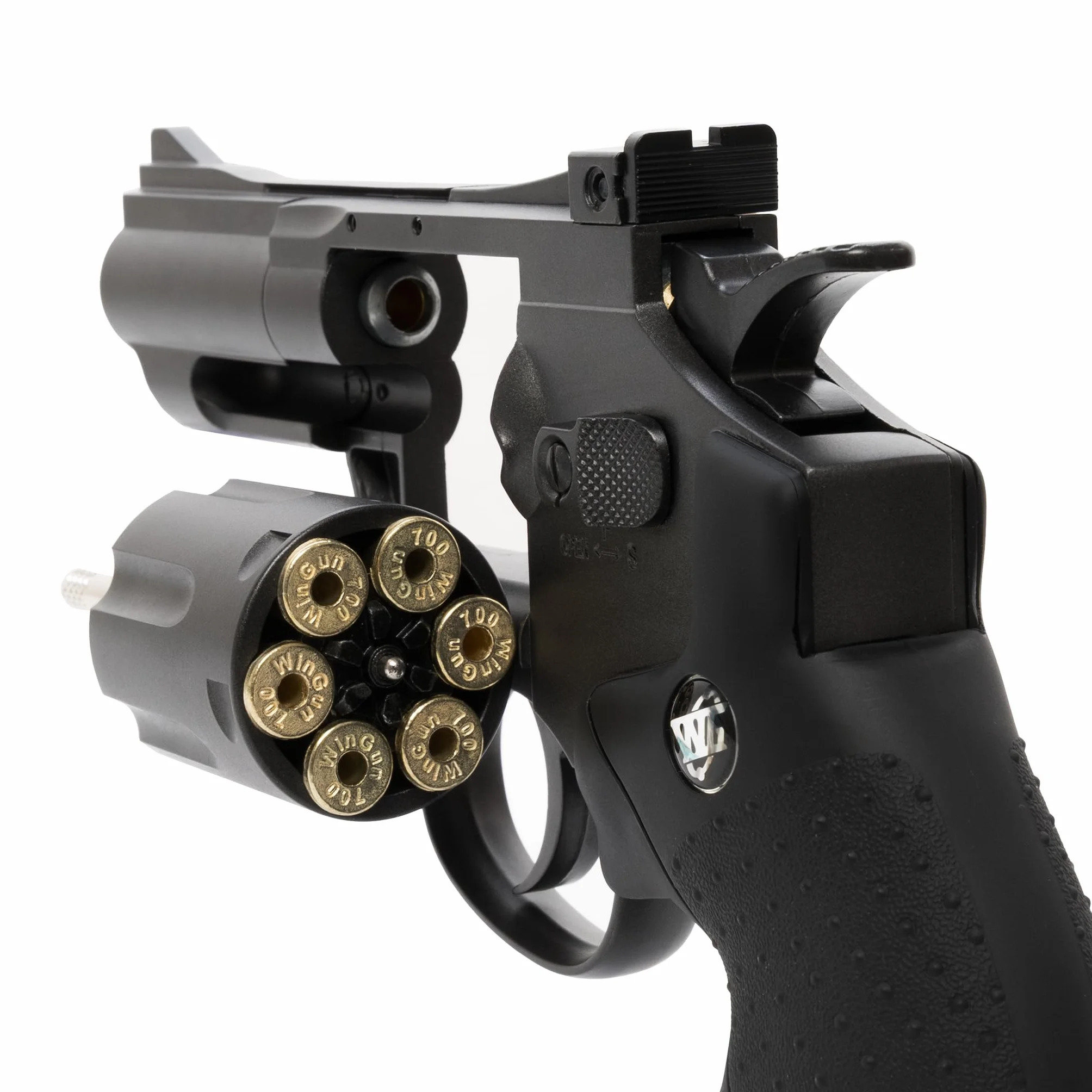Pistola Softair Revolver a Pallini 6mm, 0,9 Joule, 34x12,5 cm, 5 Bombolette CO2, 1000 Pallini, Caricatore, 6 Bossoli